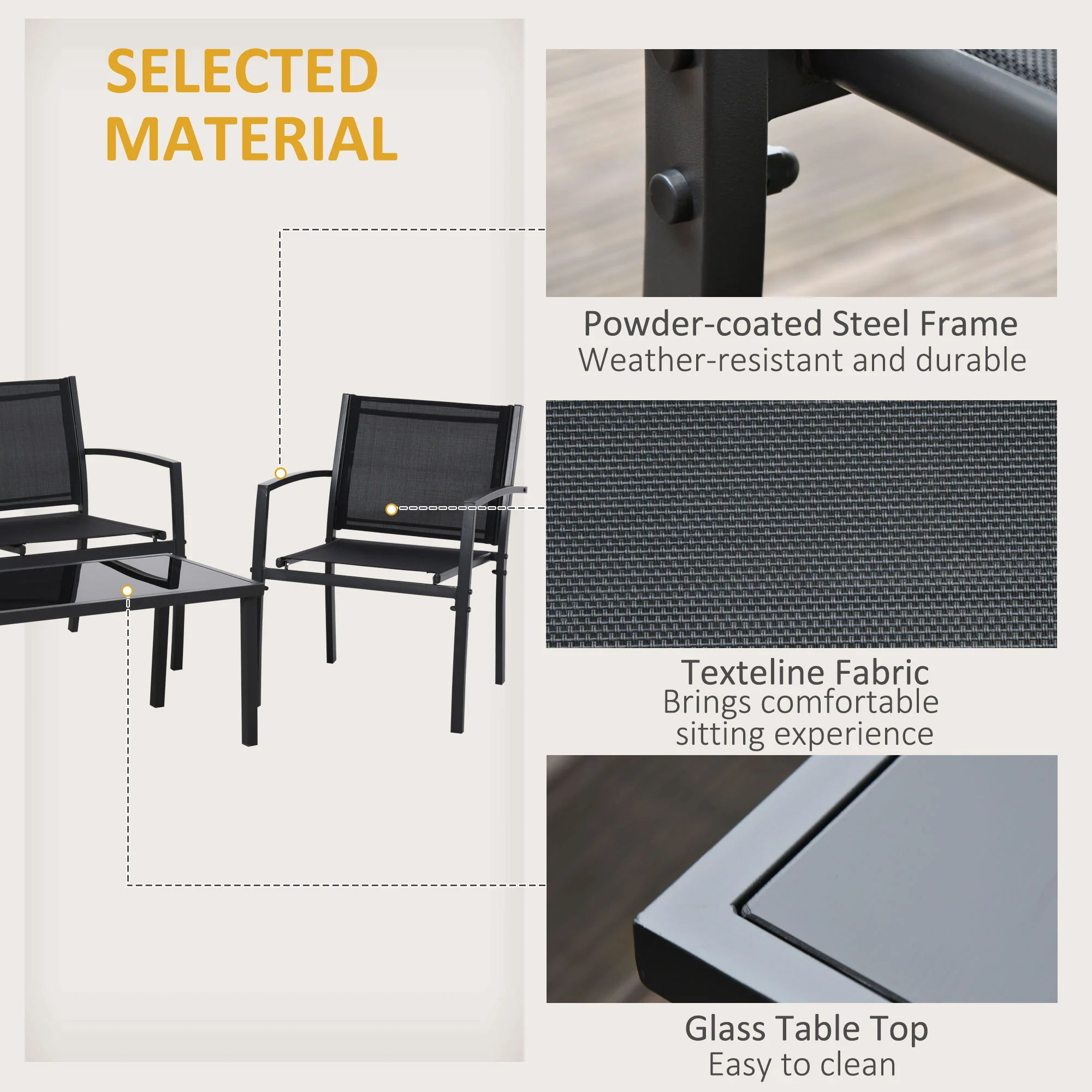 4-Piece Patio Furniture Set w/ Glass Coffee Table, Breathable Mesh Seat & Backrest, Black - Image 7