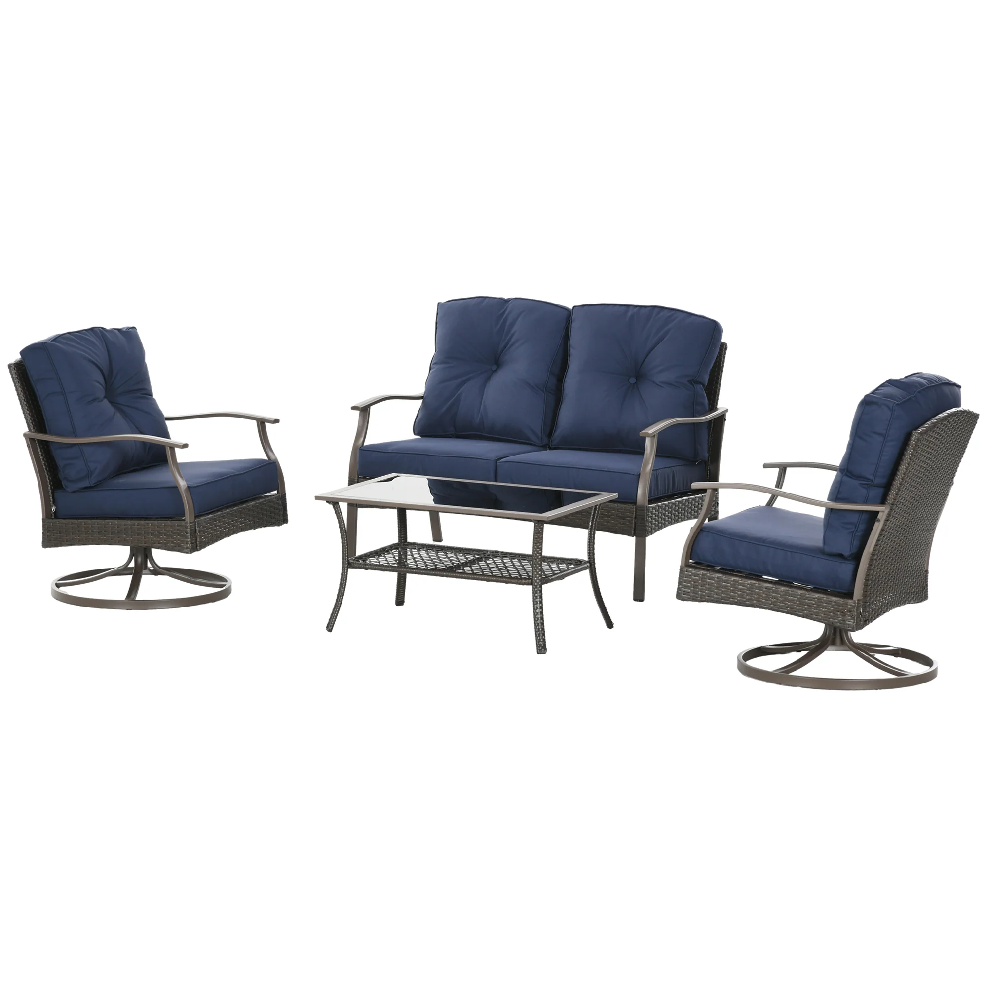 4 PCS Patio PE Rattan Wicker Sofa Set w/ Two Tier Tea Table & Padded Seat, Navy Blue - Image 2