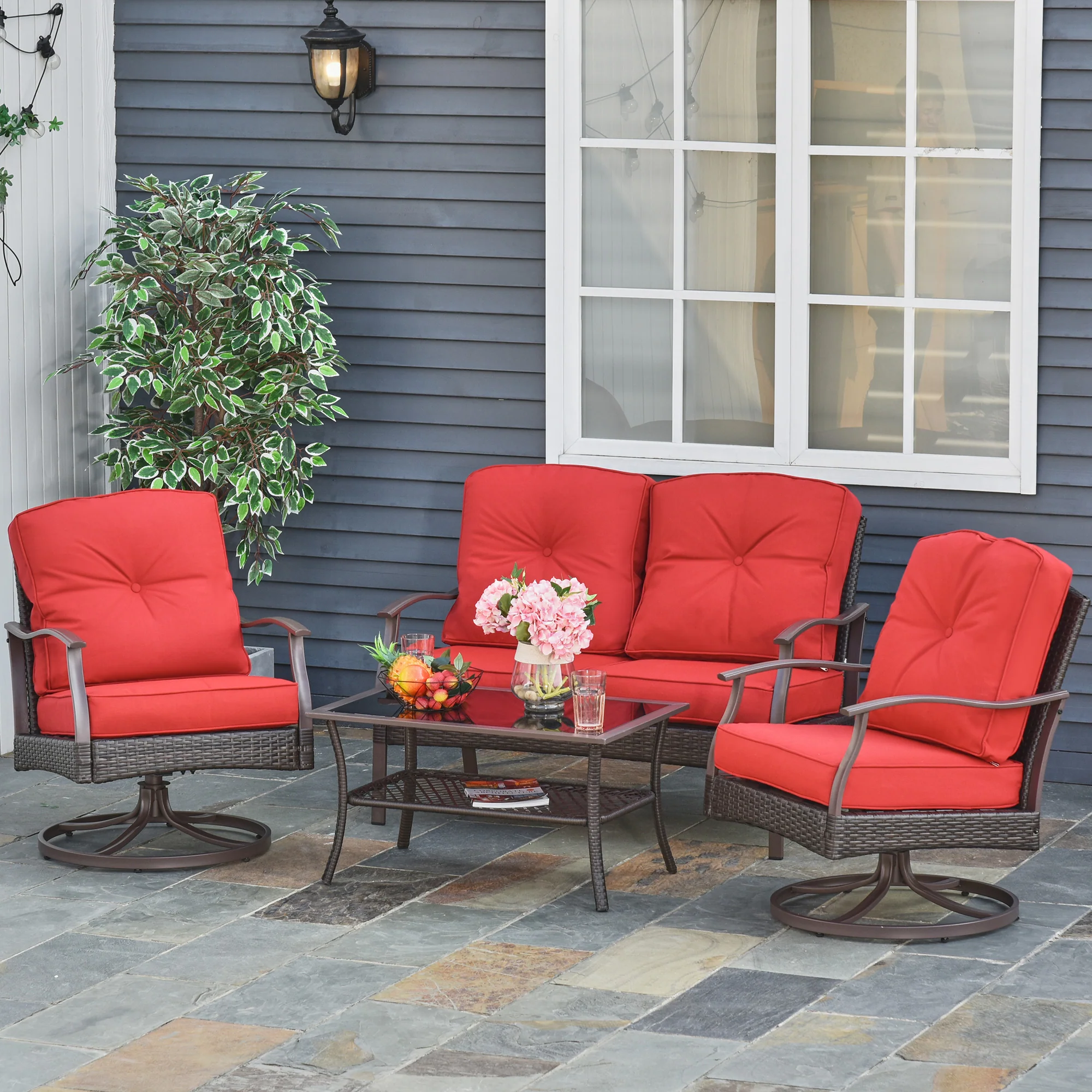 4 PCS Patio PE Rattan Wicker Sofa Set w/ Two Tier Tea Table & Padded Seat, Red - Image 3