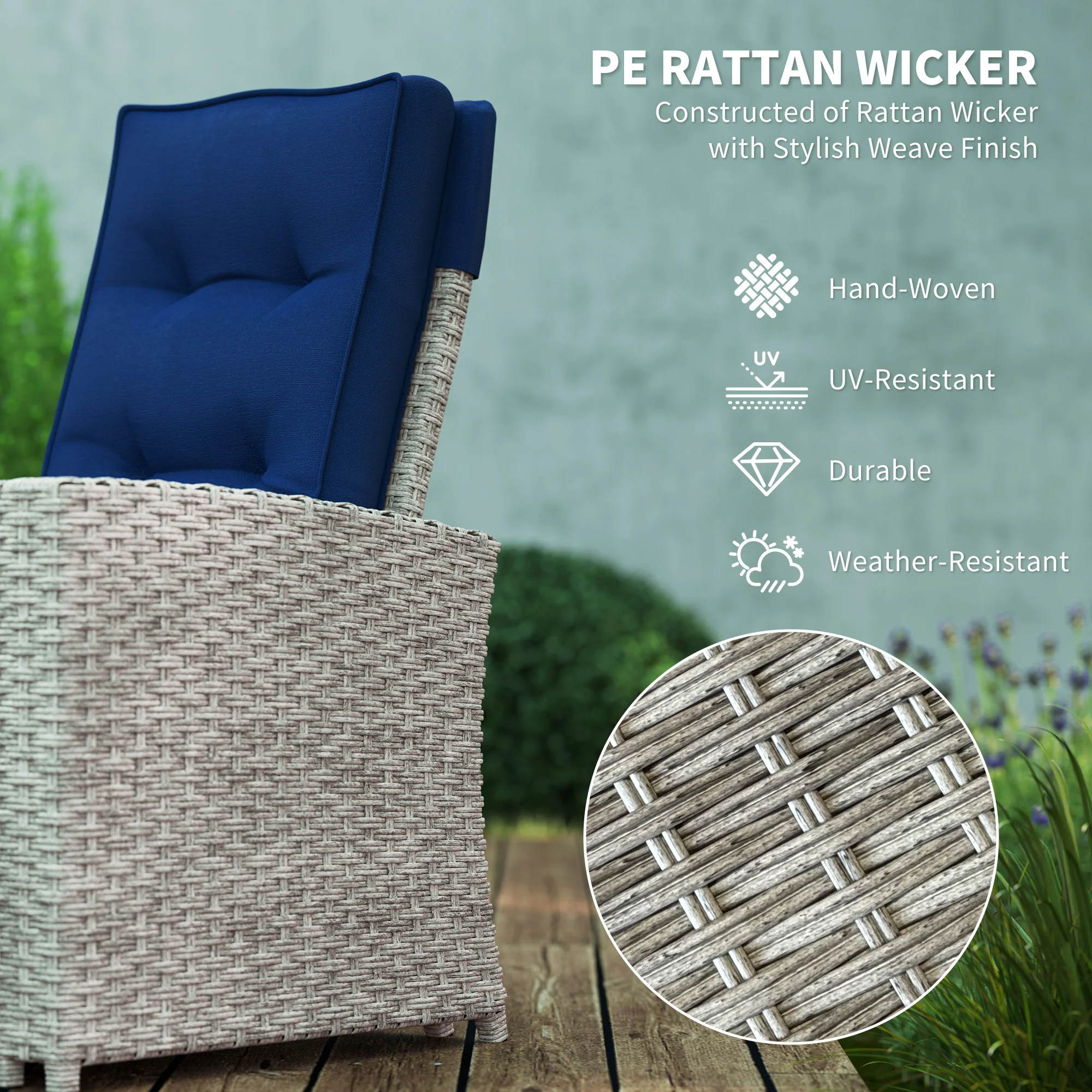 4 Pieces Patio Wicker Sofa Set w/ Loveseat, Reclining Armchairs & Glass Top Table, Navy Blue - Image 6