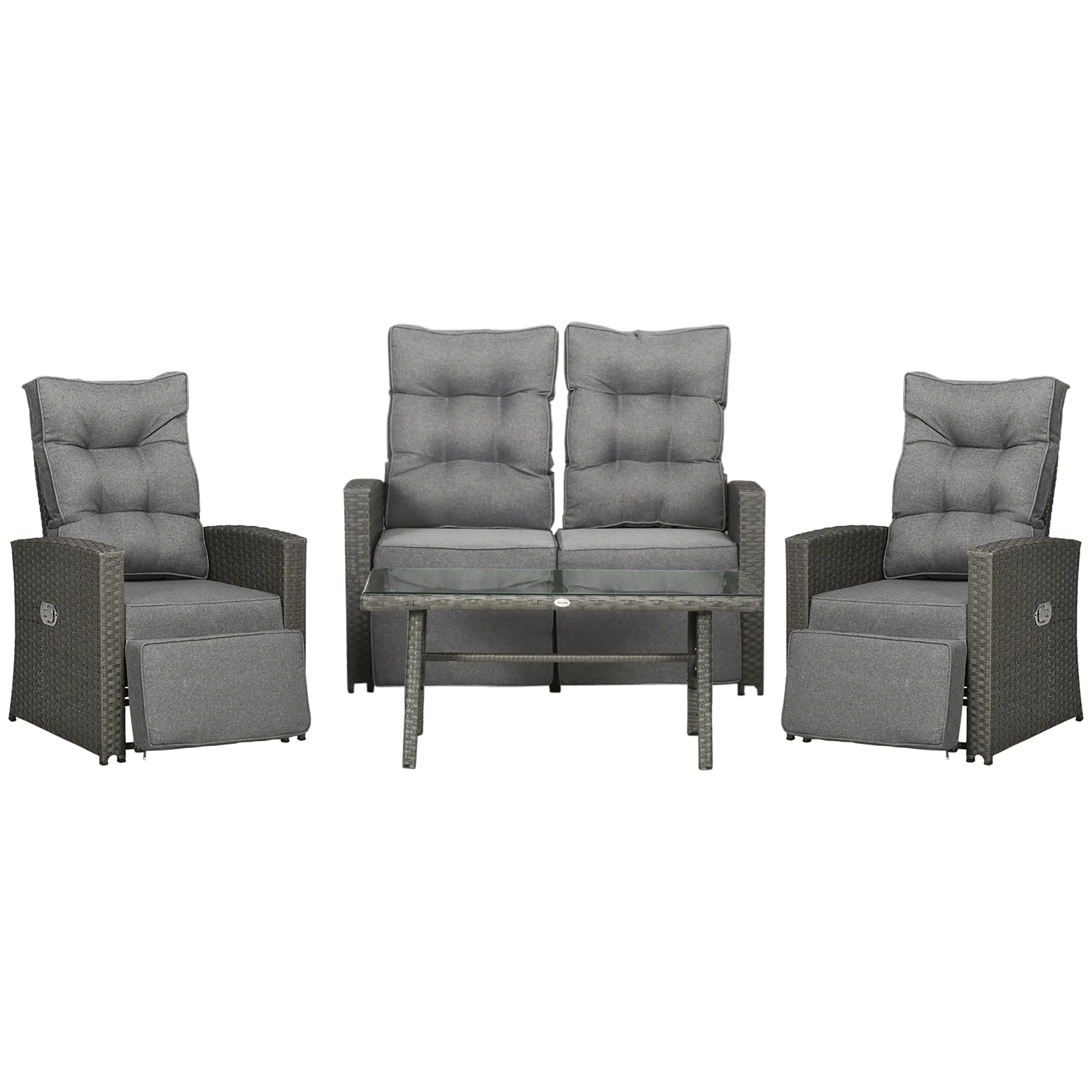 4 Pieces Patio Wicker Sofa Set w/ Loveseat, Reclining Armchairs & Glass Top Table, Grey - Image 2
