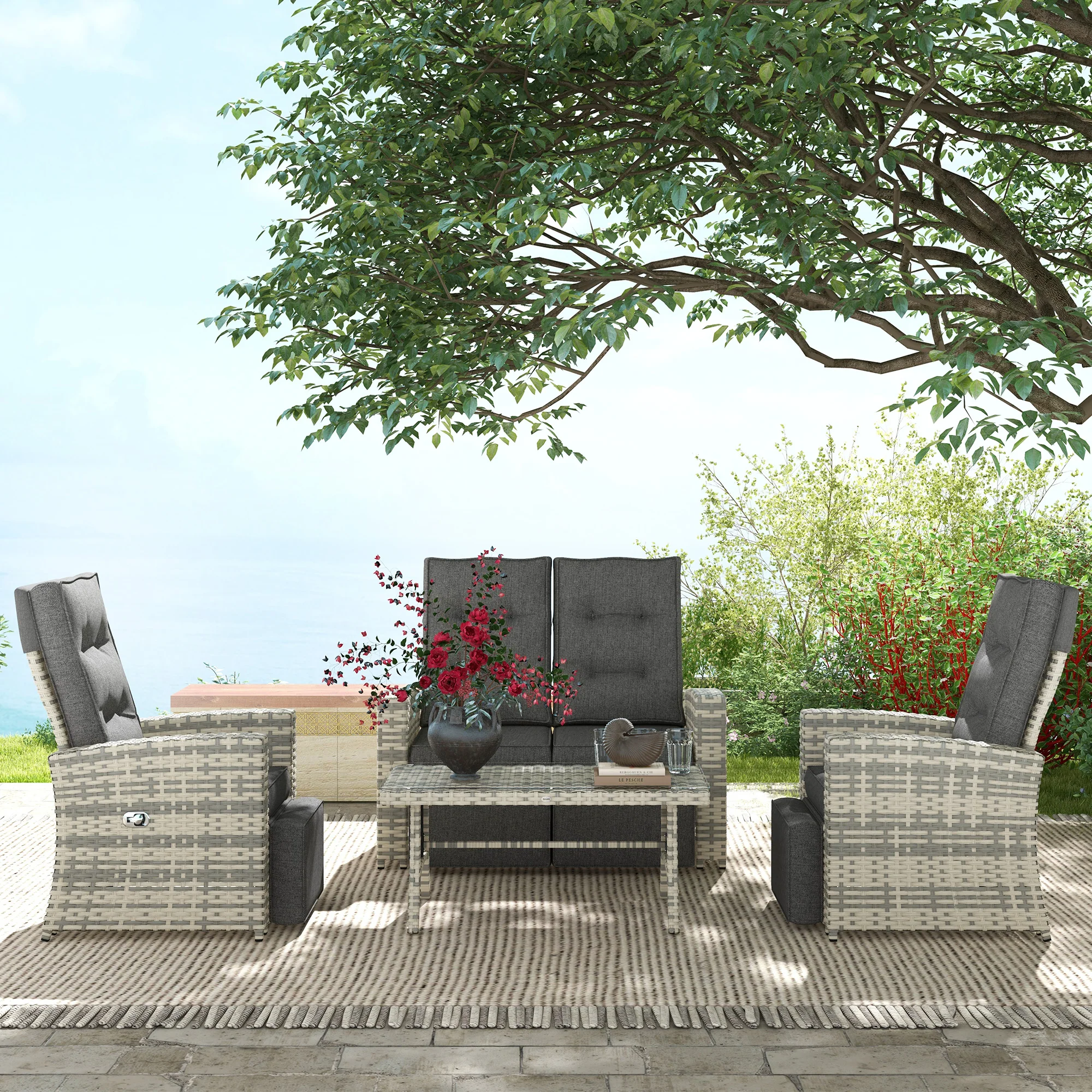 4 Pieces Patio Wicker Sofa Set w/ Loveseat, Reclining Armchairs & Glass Top Table, Light Grey - Image 3