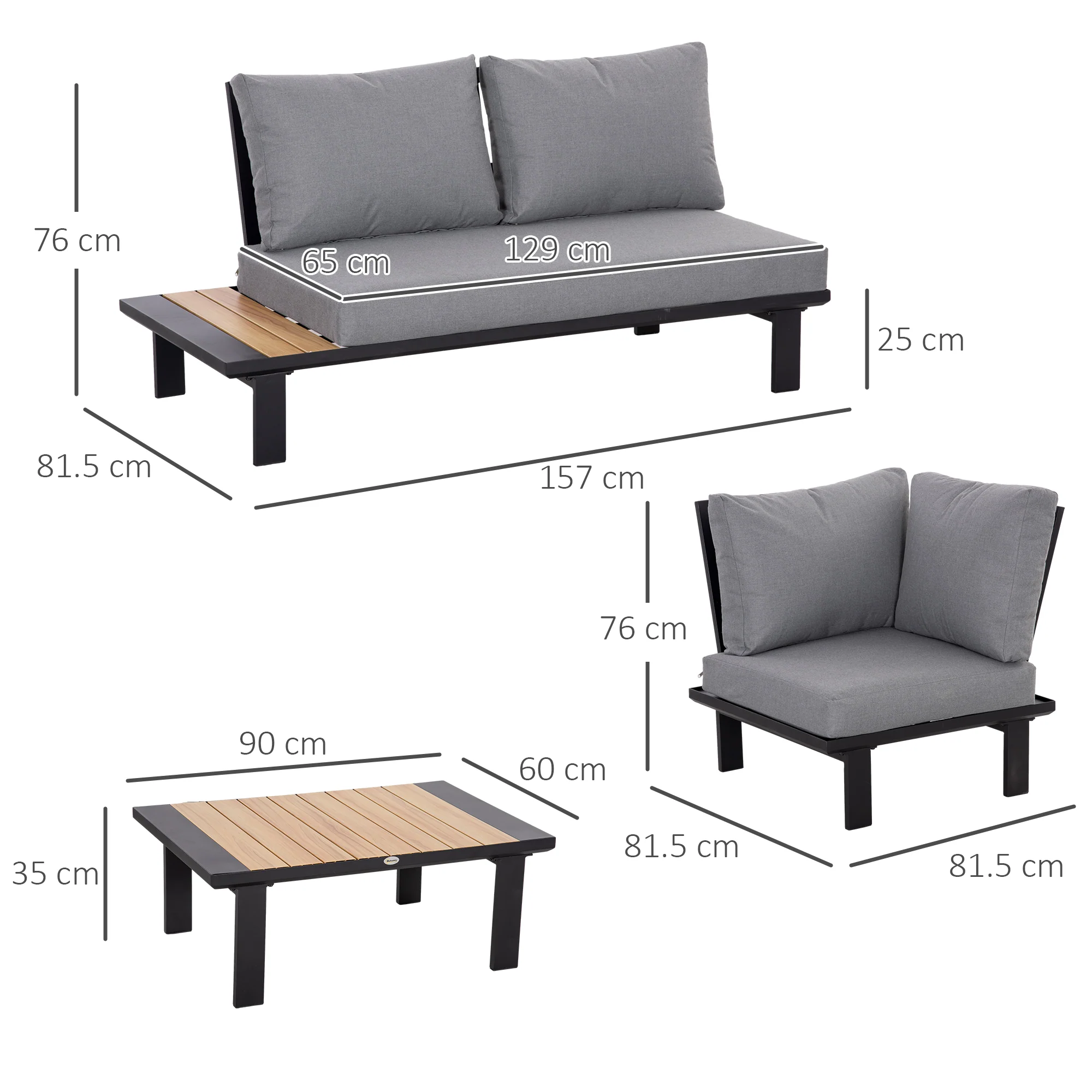4 Pieces Patio Sofa Conversation Set w/ Padded Cushion, Coffee Table & Side Panel, Dark Grey - Image 5