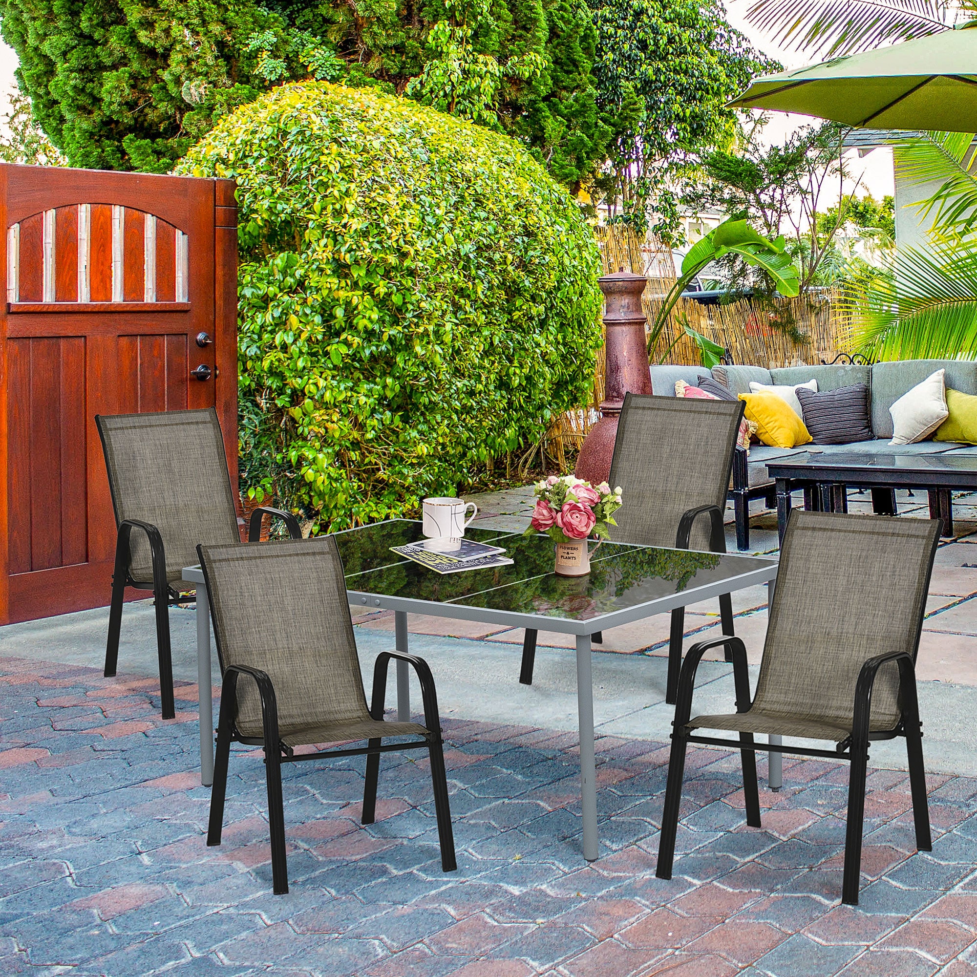 4 Pieces Garden Chairs, Stackable Outdoor Chairs with High Backrest and Armrest, Breathable Mesh Fabric Dining Chair Set of 4, Mixed Brown - Image 3