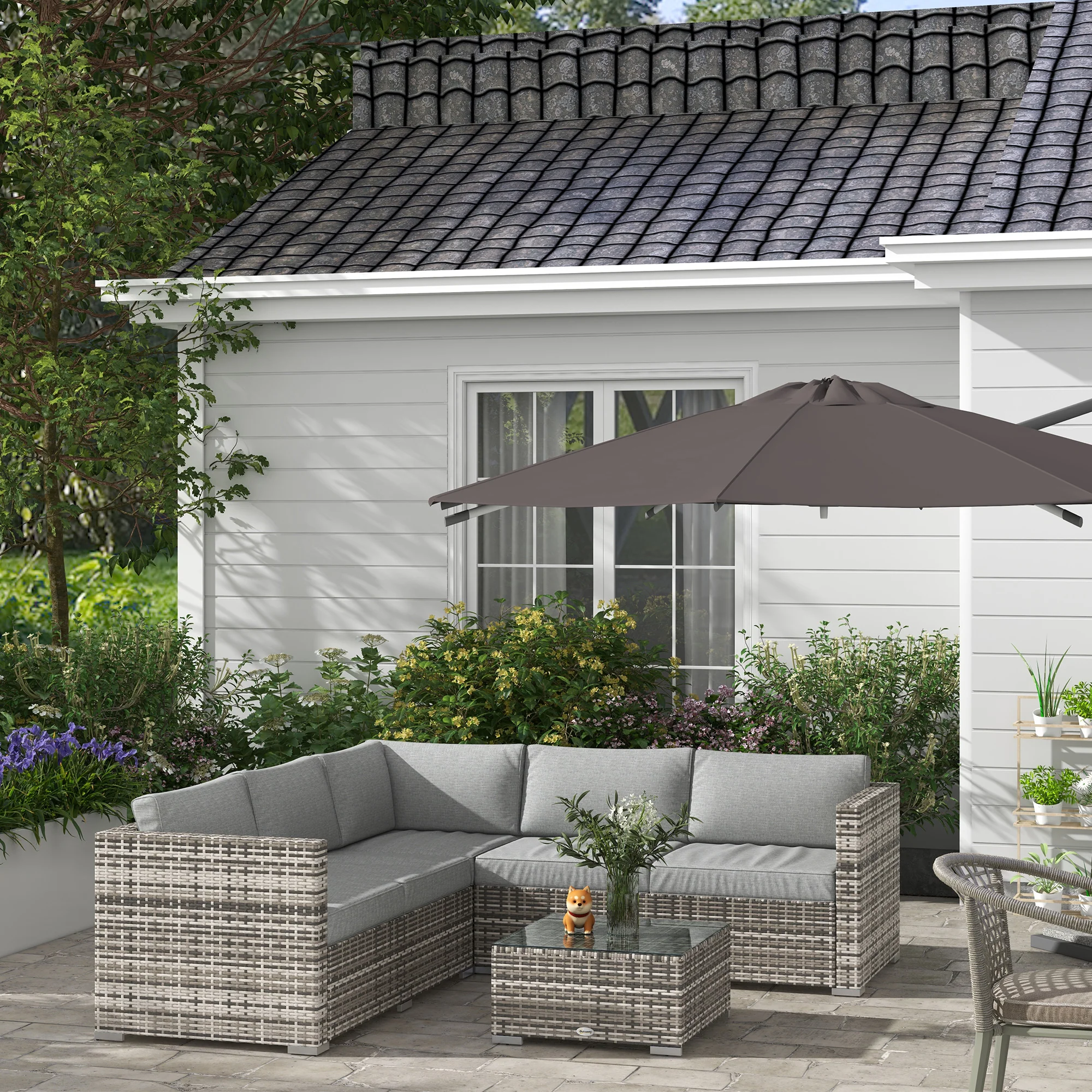 4 Pieces Rattan Wicker Funiture Set w/ Corner Sofa, Loveseats & Coffee Table, Mixed Grey - Image 4