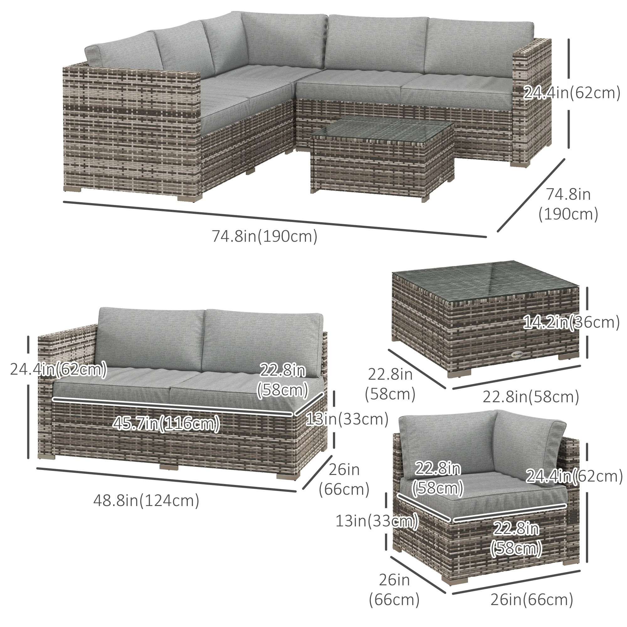 4 Pieces Rattan Wicker Funiture Set w/ Corner Sofa, Loveseats & Coffee Table, Mixed Grey - Image 5