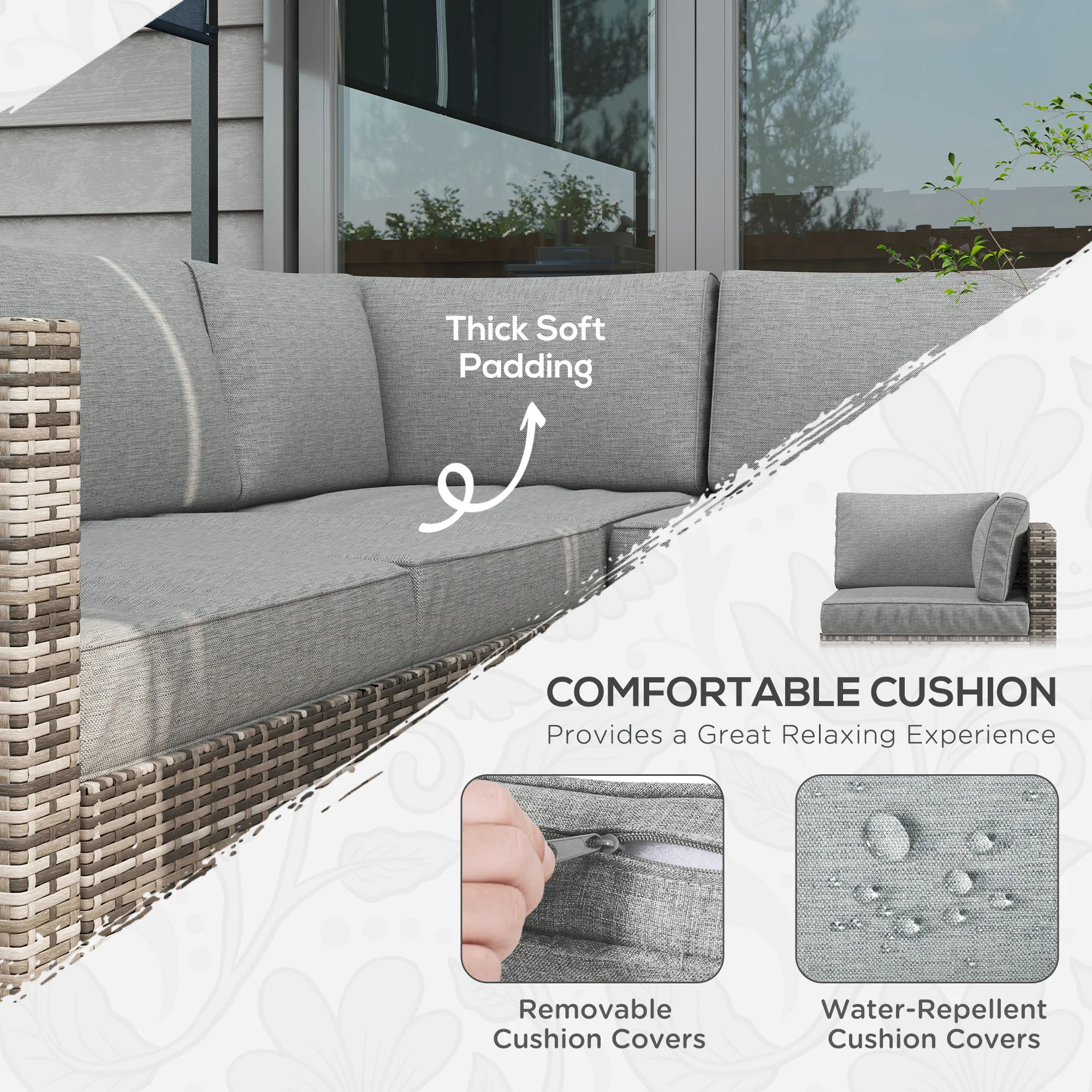 4 Pieces Rattan Wicker Funiture Set w/ Corner Sofa, Loveseats & Coffee Table, Mixed Grey - Image 7