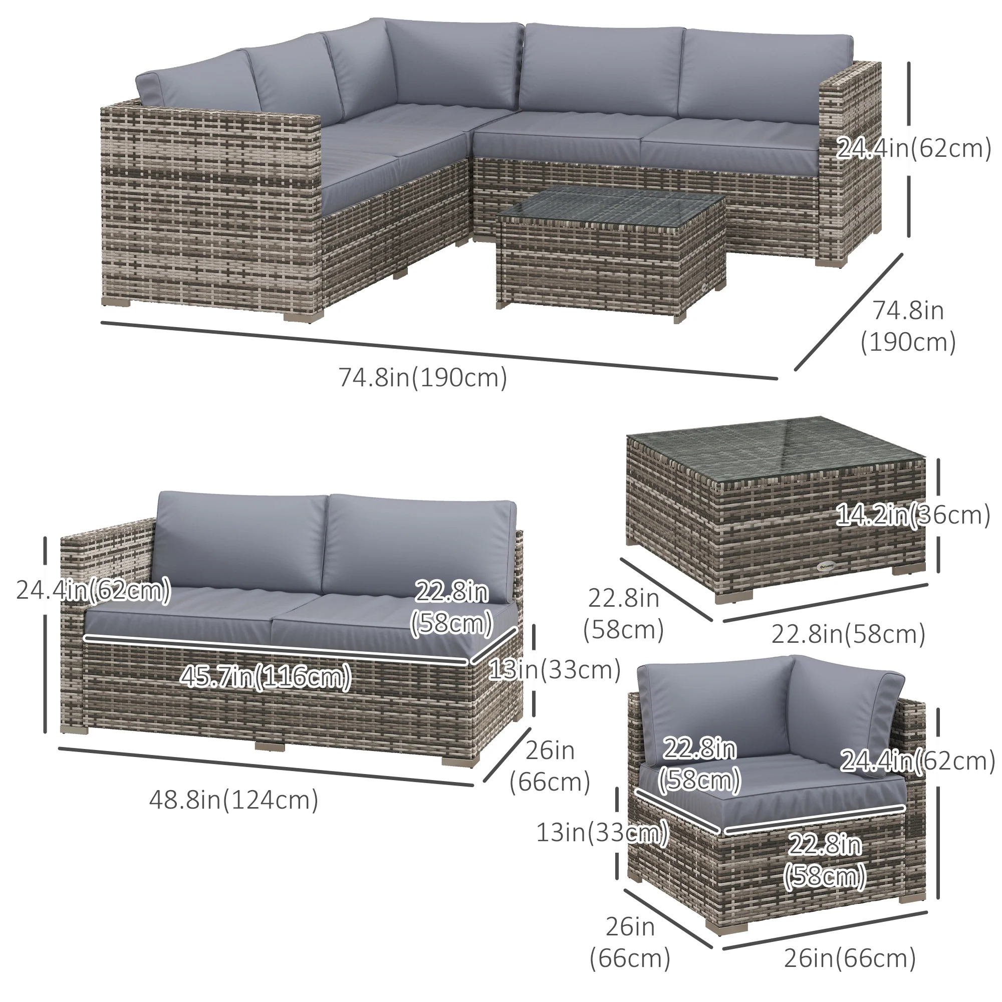 4 Pieces Rattan Wicker Funiture Set w/ Corner Sofa, Loveseats & Coffee Table, Grey - Image 5