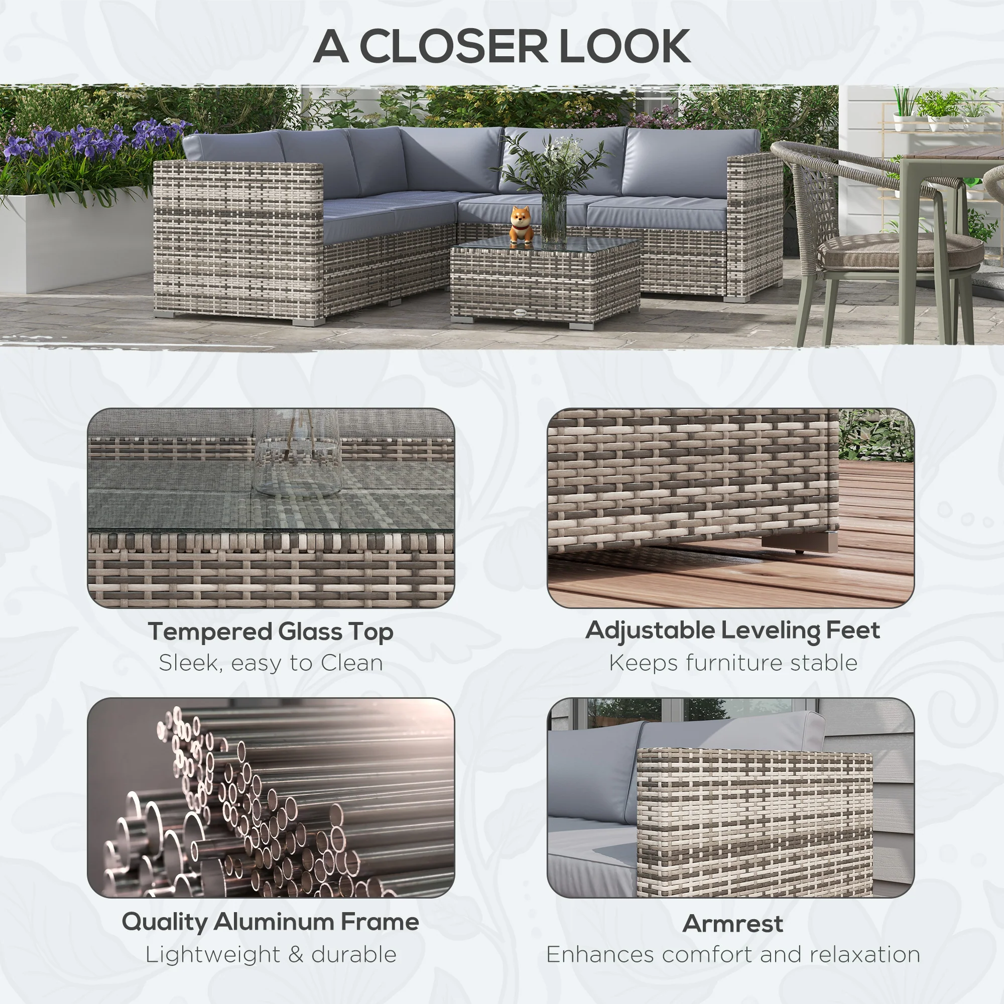 4 Pieces Rattan Wicker Funiture Set w/ Corner Sofa, Loveseats & Coffee Table, Grey - Image 8