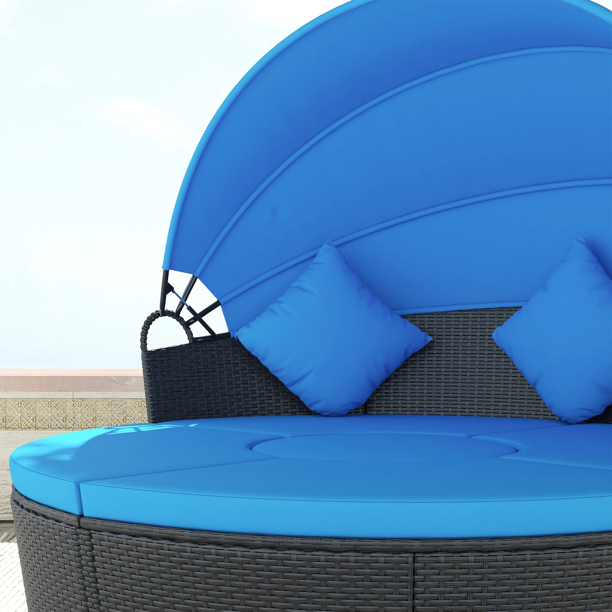 4-piece Round Outdoor Daybed with Retractable Canopy, PE Rattan Wicker Chair, Blue - Image 10