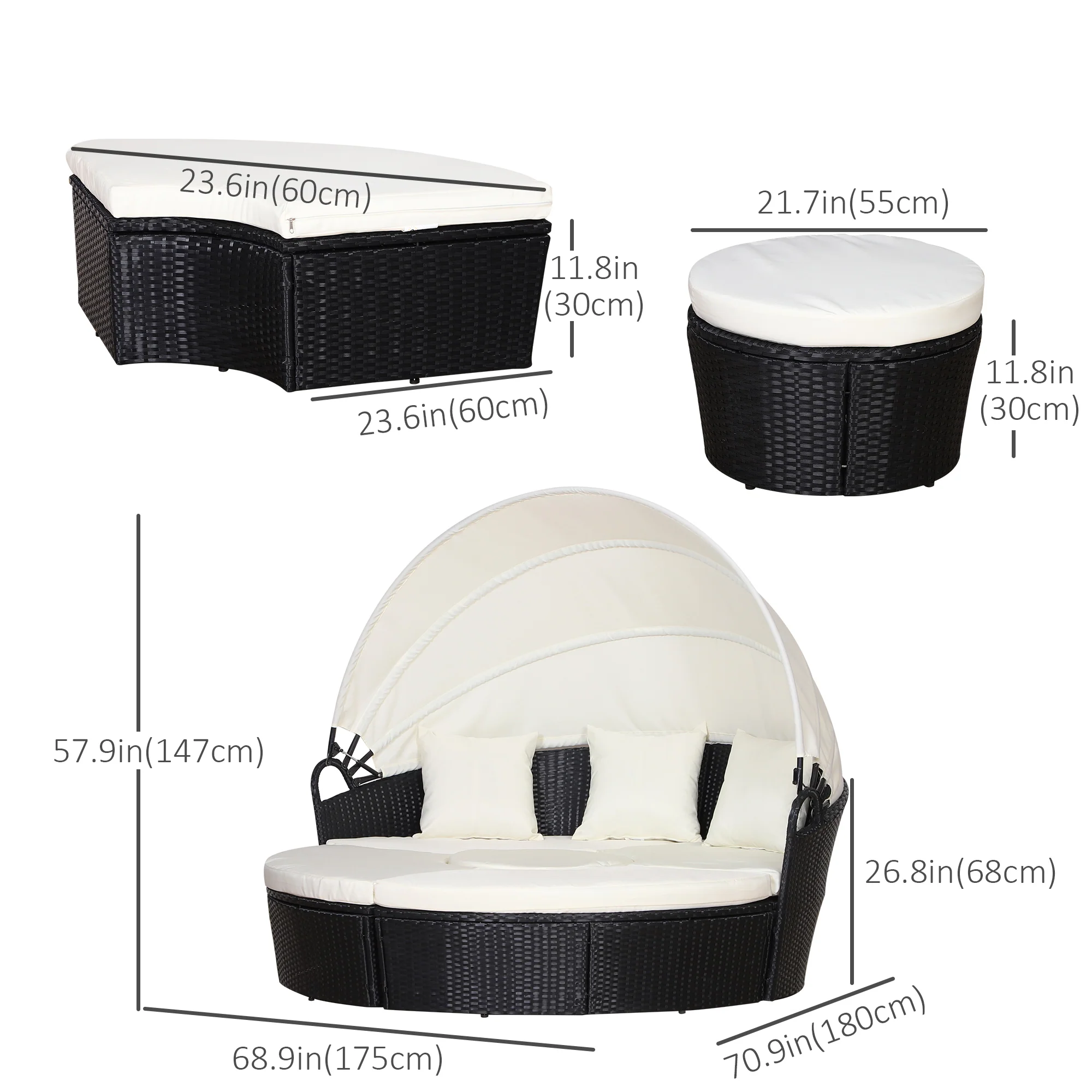 4-piece Round Outdoor Daybed with Retractable Canopy, PE Rattan Wicker Chair, Cream White - Image 5