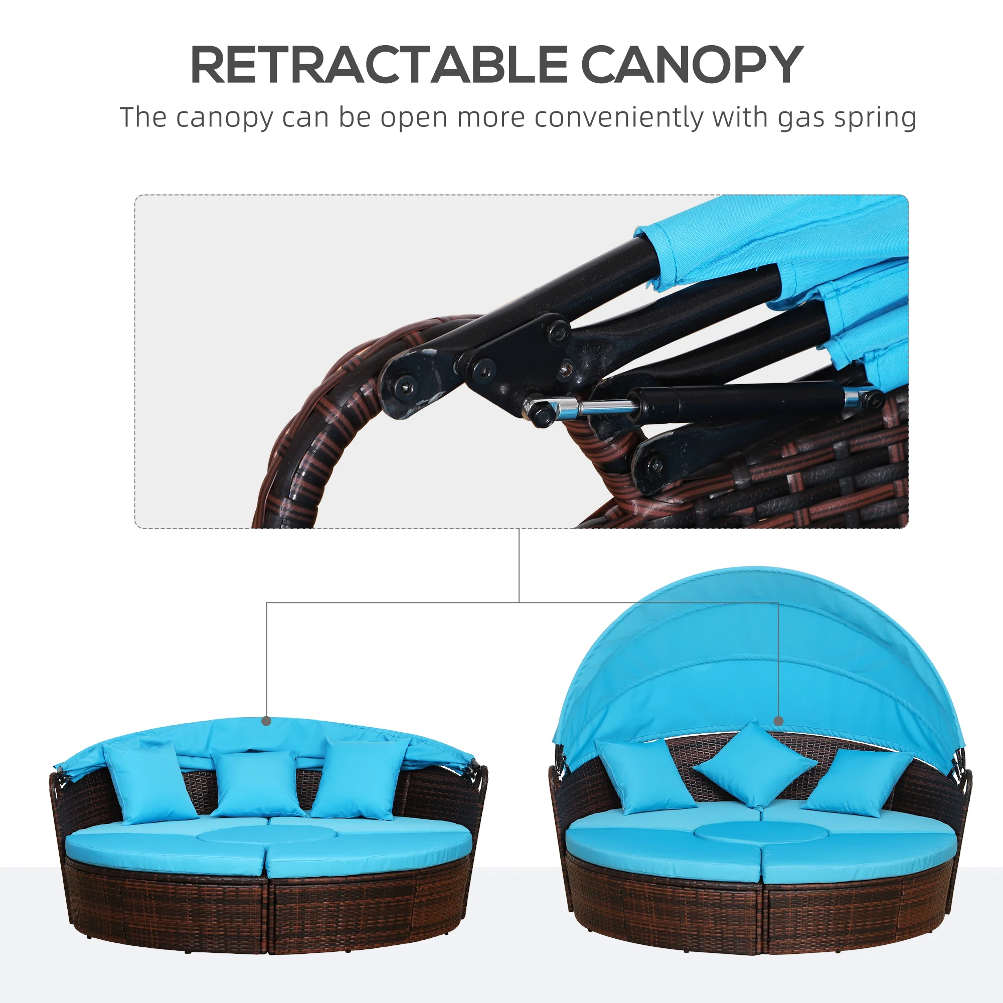 4-piece Round Outdoor Daybed with Retractable Canopy, PE Rattan Wicker Chair, Sky Blue - Image 8