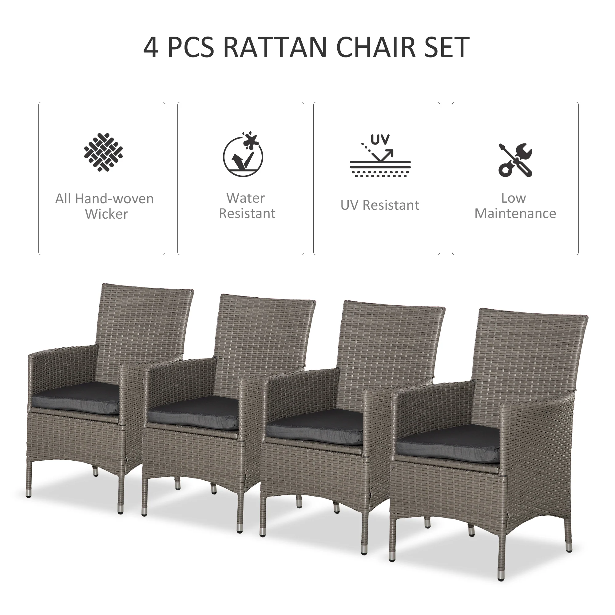 4 Pieces Outdoor Rattan Armchairs Set with Cushion, High Backrest, Grey - Image 6