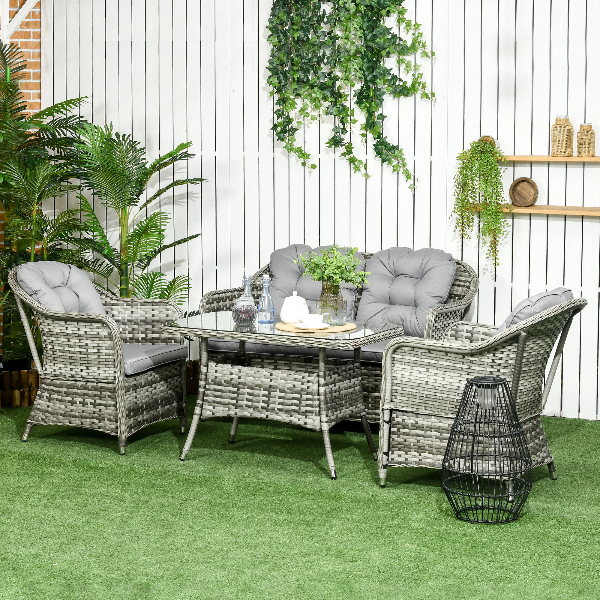 4 Pieces Patio Wicker Sofa Set w/ Tempered Glass Top Table, Loveseat & Armchairs, Grey - Image 3
