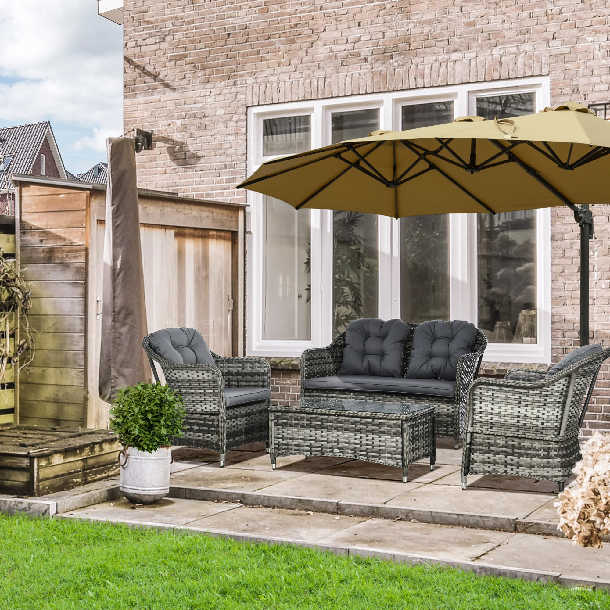 4 Pieces Patio Hand Weave Wicker Sofa Set with Glass Top Coffee Table, Mixed Grey - Image 4