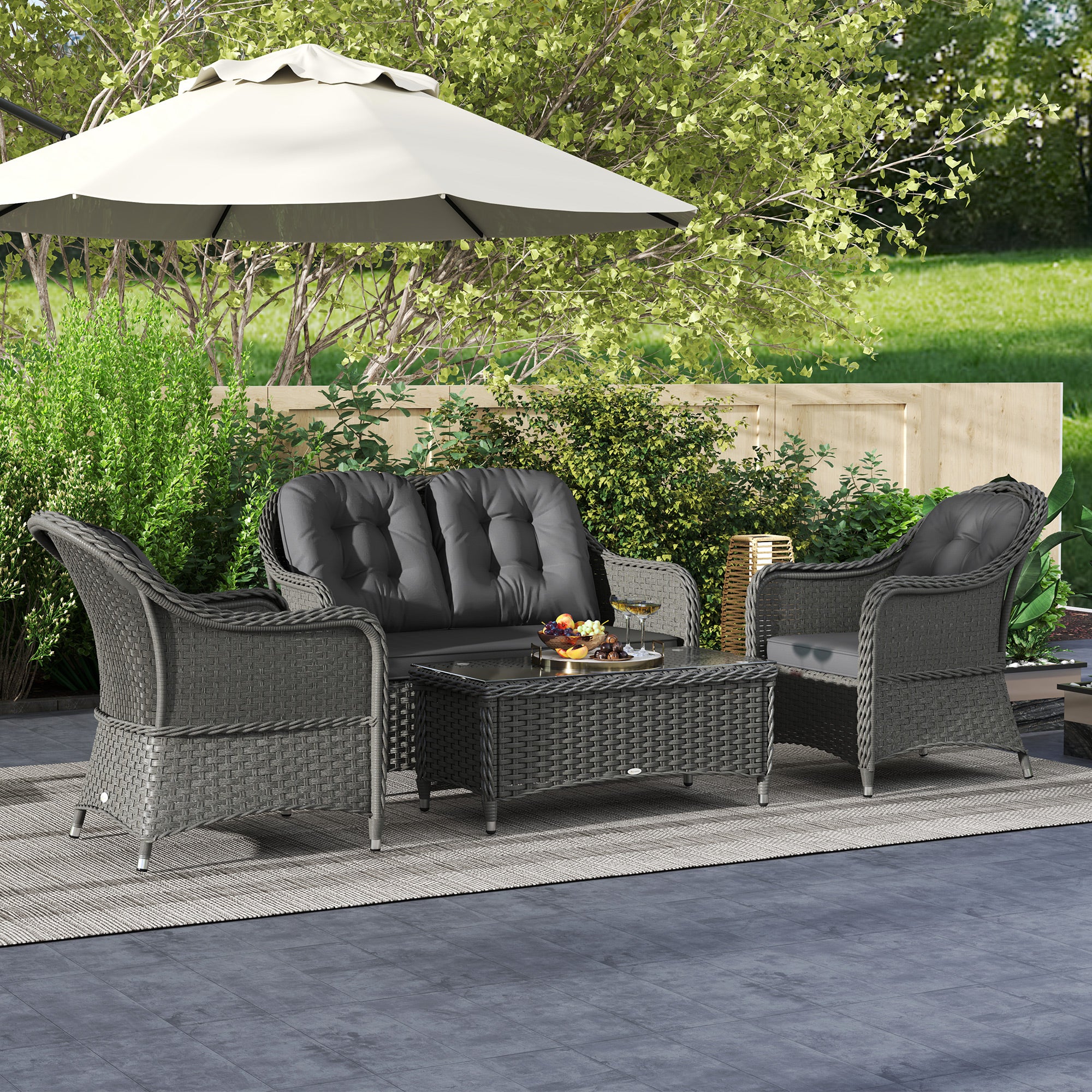 4 Pieces Patio Hand Weave Wicker Sofa Set with Glass Top Coffee Table, Light Grey - Image 10
