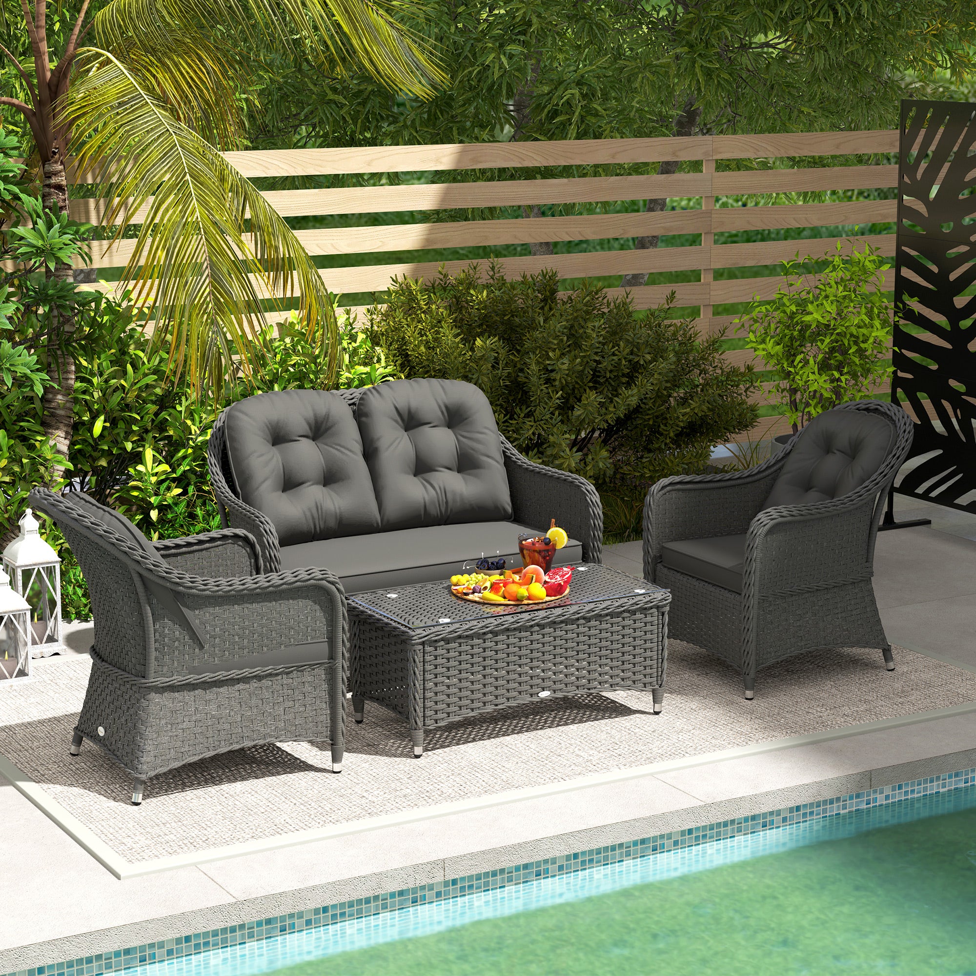 4 Pieces Patio Hand Weave Wicker Sofa Set with Glass Top Coffee Table, Light Grey - Image 4