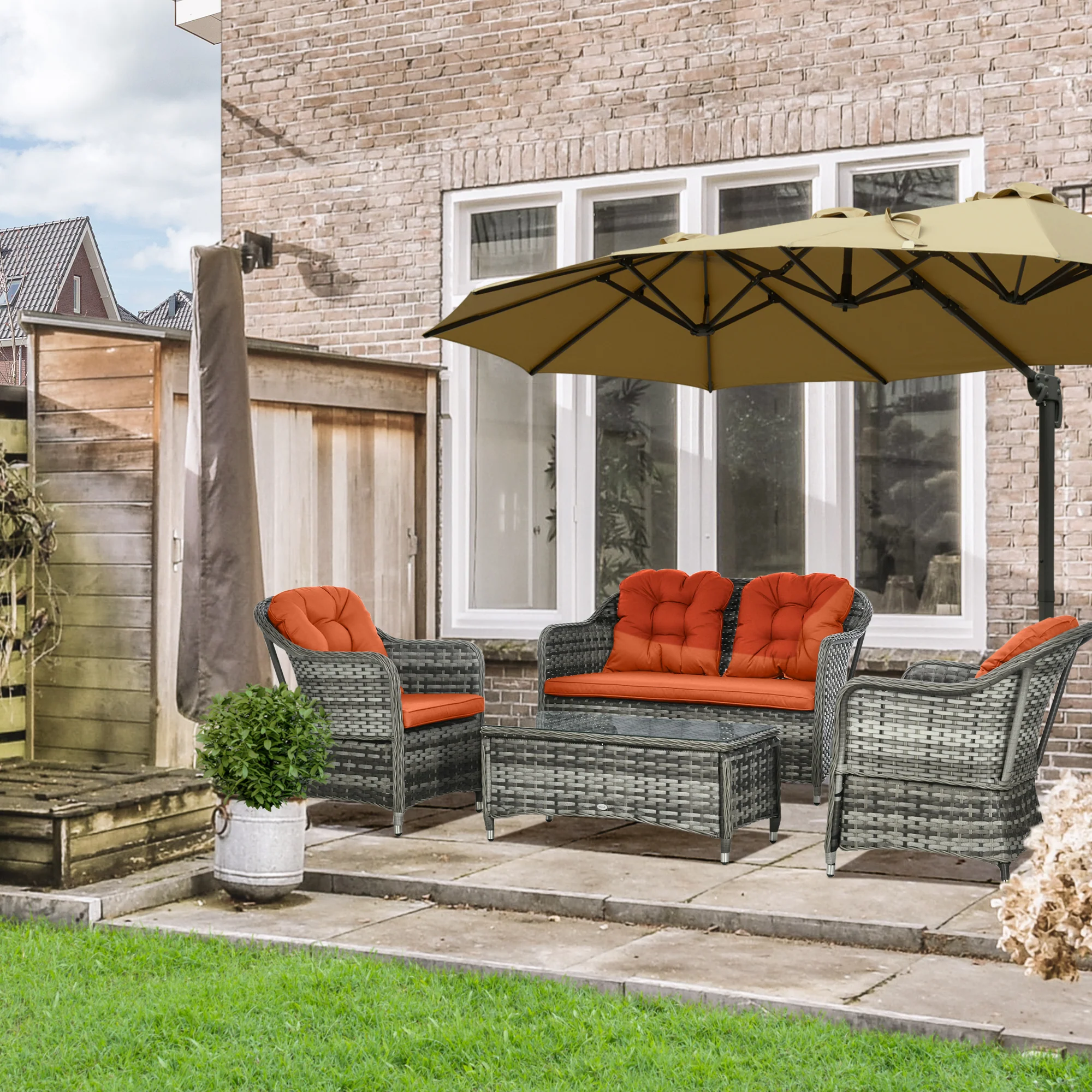 4 Pieces Patio Hand Weave Wicker Sofa Set with Glass Top Coffee Table, Orange - Image 4