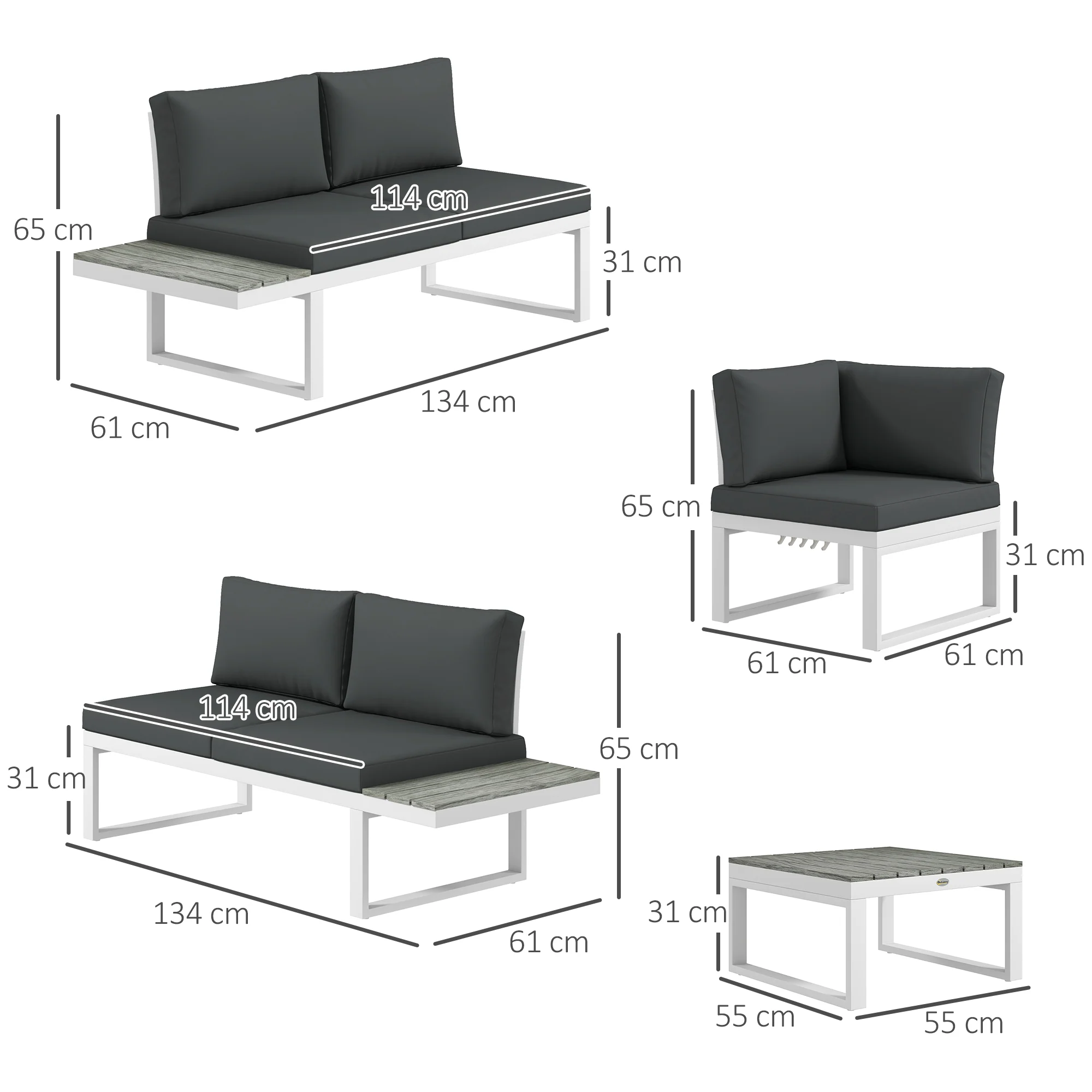 4 Pieces Patio Sofa Set w/ 5-Level Recline Corner Sofa and Slatted Table, White and Grey - Image 5