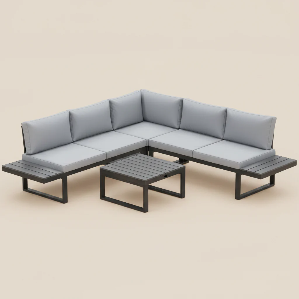 4 Pieces Patio Sofa Set w/ 5-Level Recline Corner Sofa and Slatted Table, Black and Light Grey - Image 2