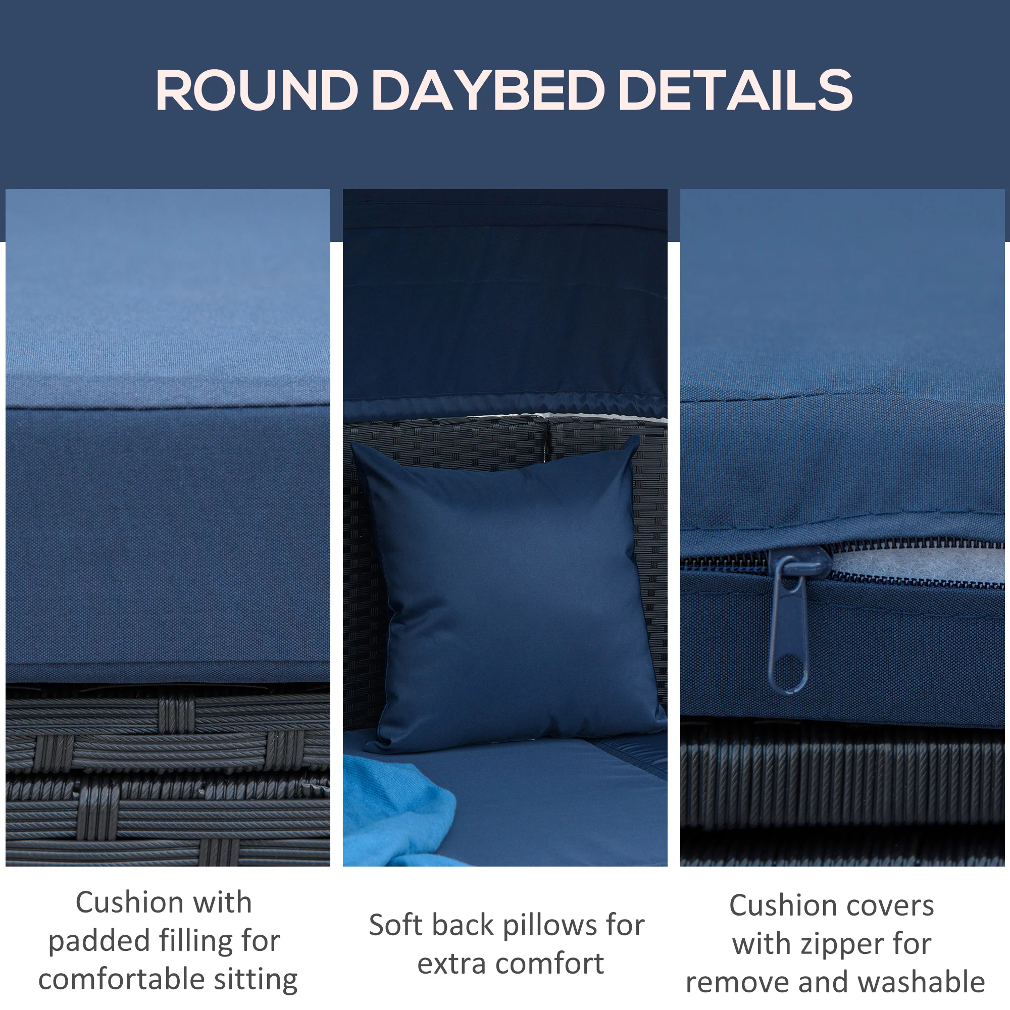 4 Pieces PE Wicker Round Daybed, Outdoor Rattan Garden Lounge Furniture Sets, Dark Blue - Image 6