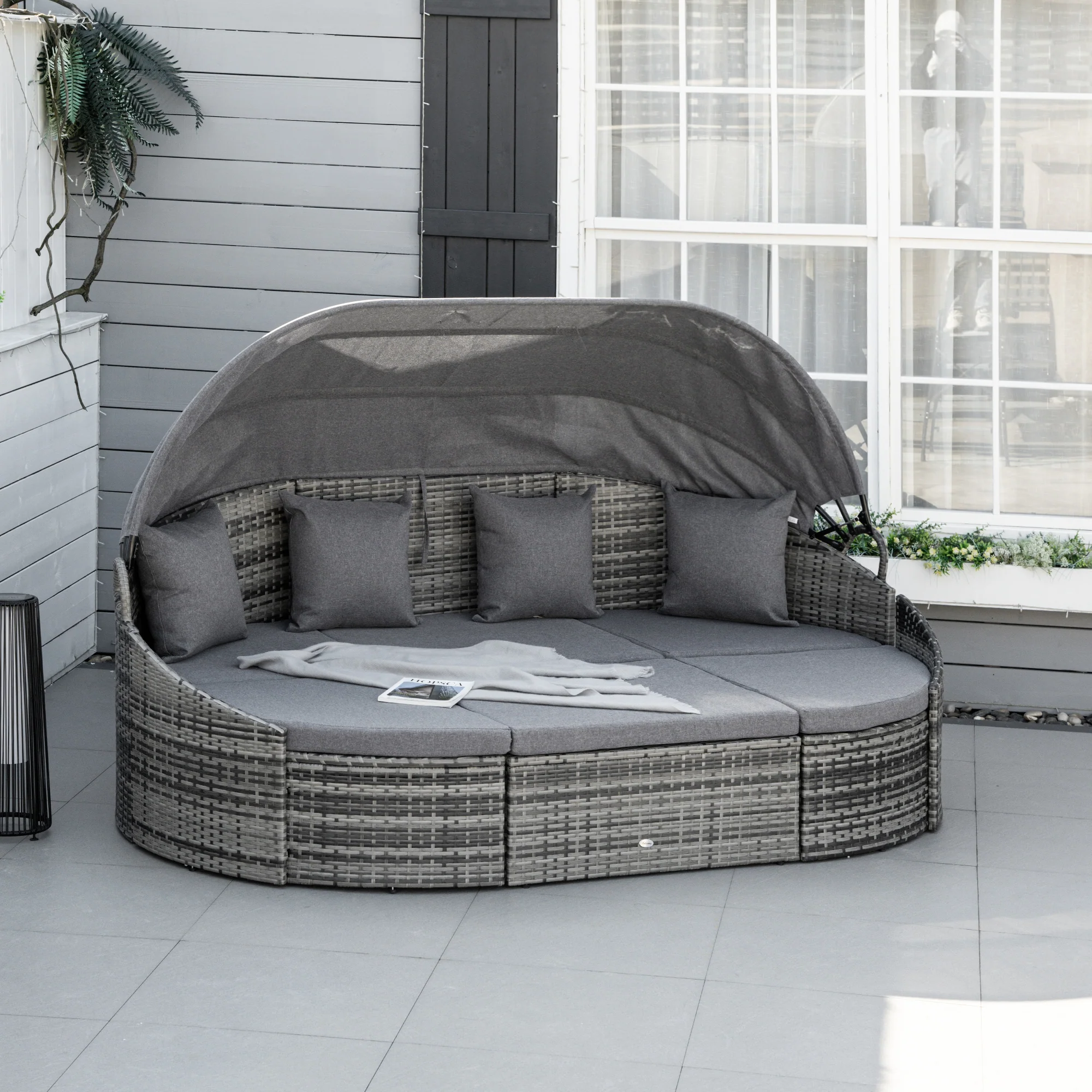 4 Pieces PE Wicker Round Daybed, Outdoor Rattan Garden Lounge Furniture Sets, Grey - Image 3
