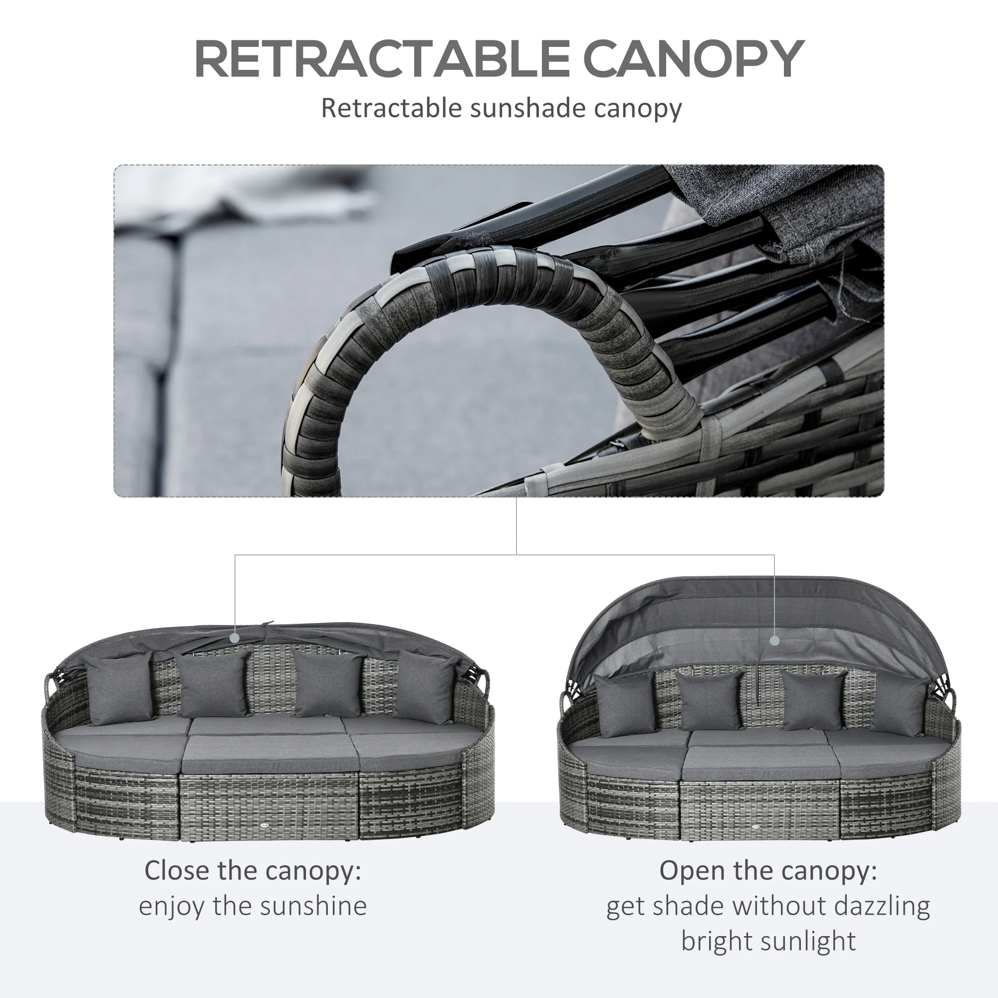 4 Pieces PE Wicker Round Daybed, Outdoor Rattan Garden Lounge Furniture Sets, Grey - Image 7