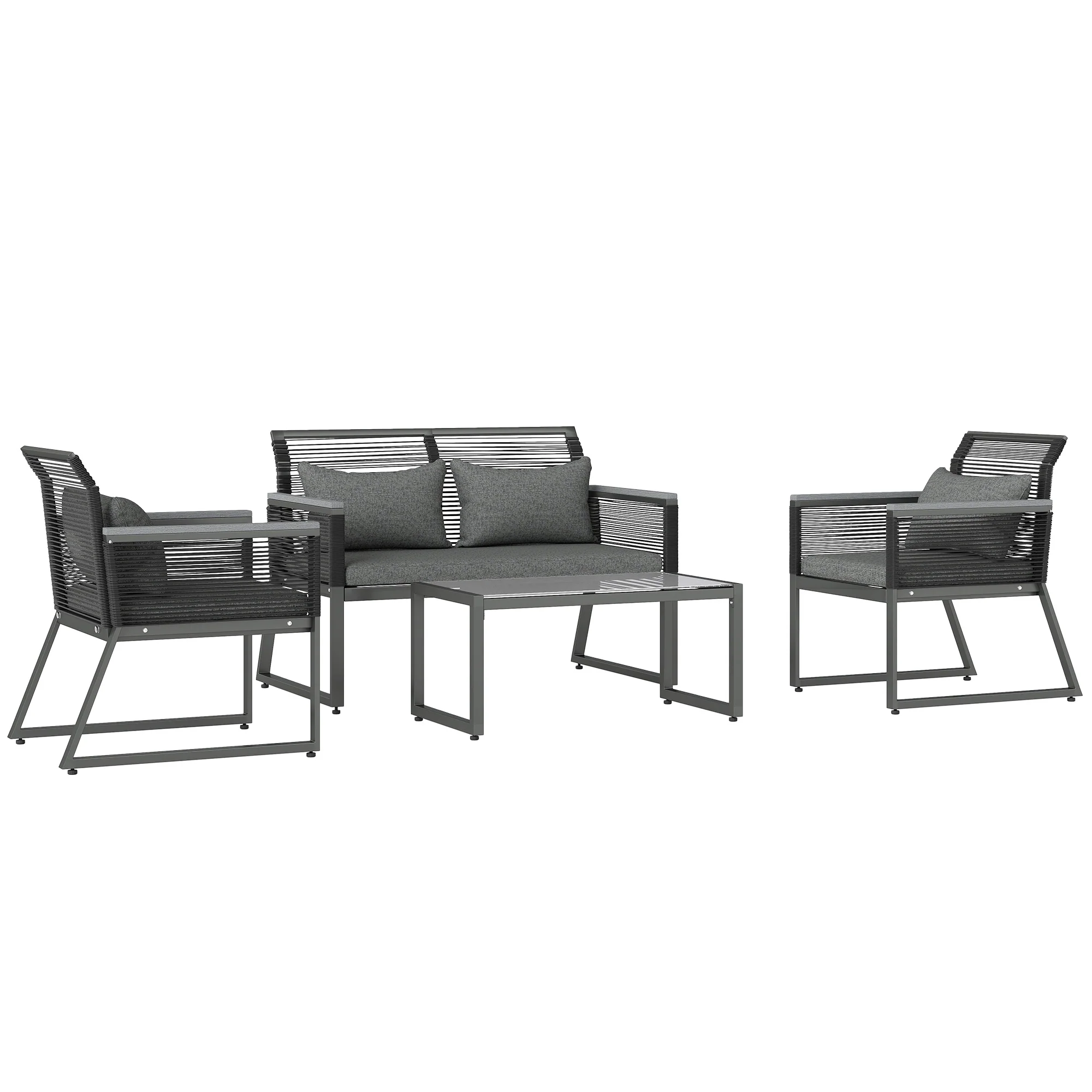 4 Pieces Rattan Garden Furniture Set, Metal Frame Outdoor Furniture Sofa Set with Cushions, Pillows & Tempered Glass Top Table, Wicker Garden Sofa for Conservatory, Patio, Charcoal Grey