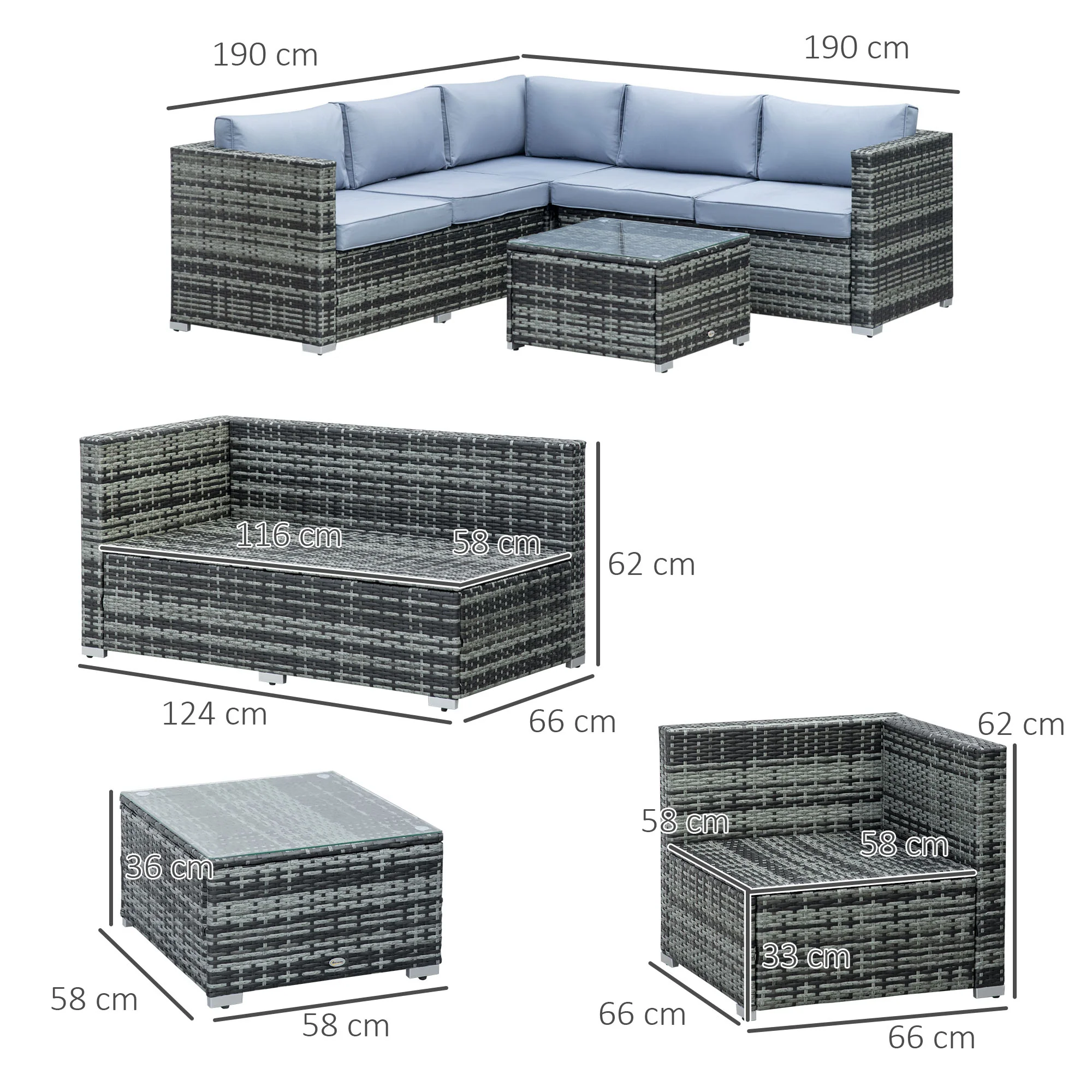 4 Pieces Rattan Garden Corner Sofa Set with Coffee Table & Cushions, Grey - Image 5