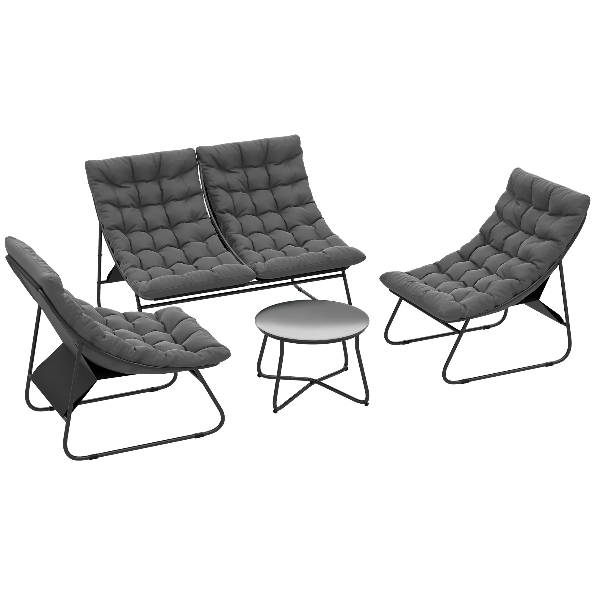 4 Seater Steel Outdoor Sofa Set with Chairs, Glass Coffee Table & Thick Cushions, Grey