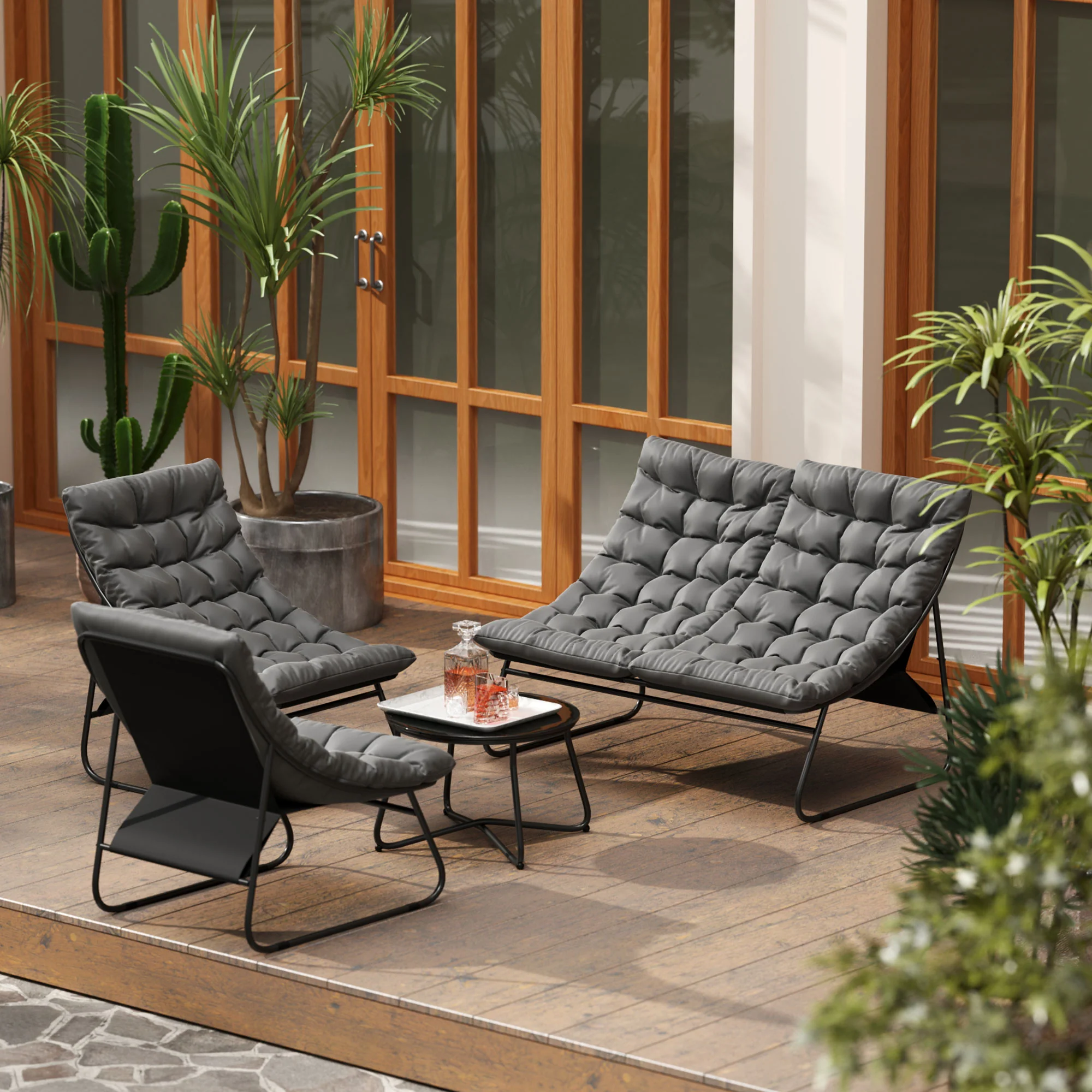 4 Seater Steel Outdoor Sofa Set with Chairs, Glass Coffee Table & Thick Cushions, Grey - Image 10