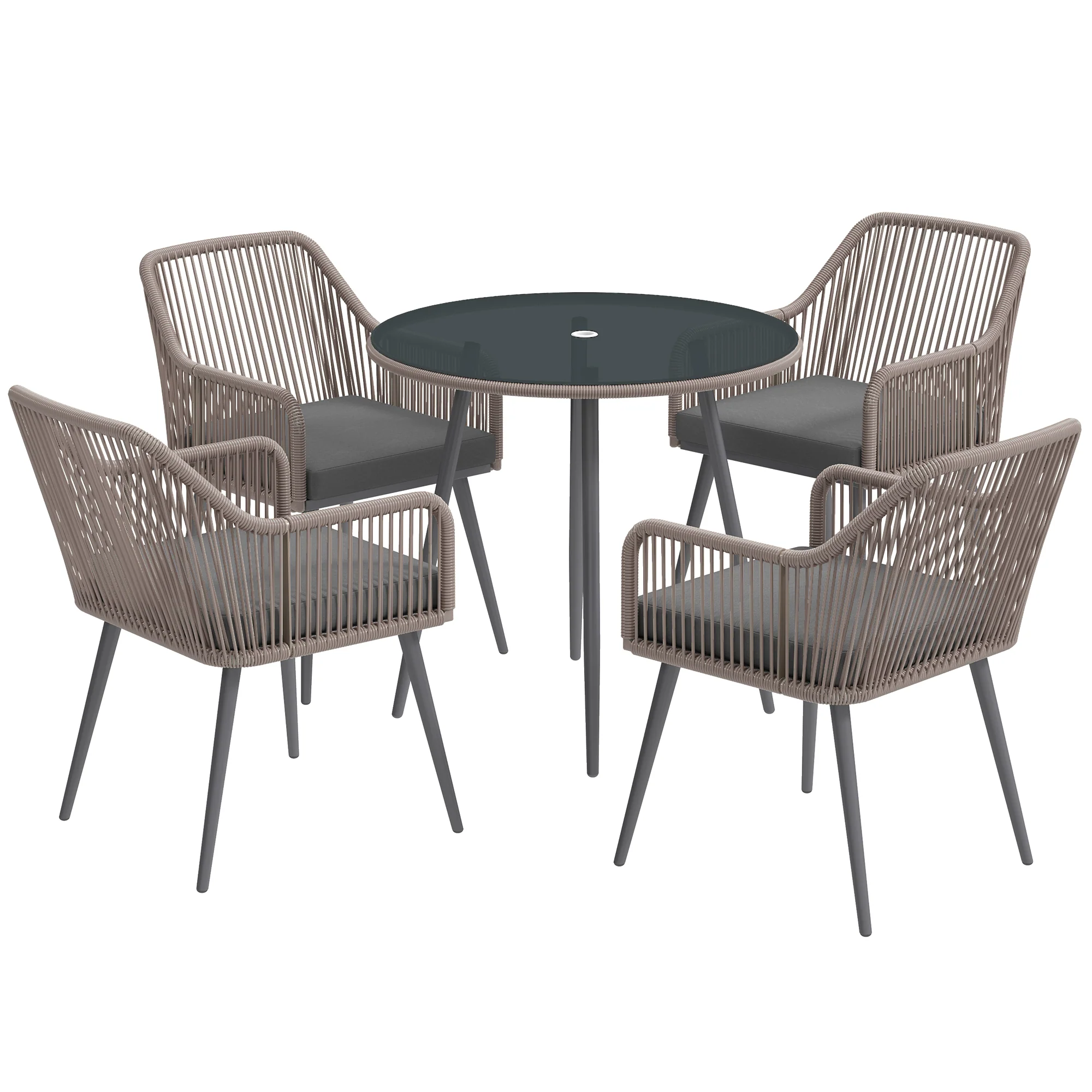 4 Seater Rattan Dining Set with Parasol Hole & Cushions for Patio, Garden, Light Brown - Image 2