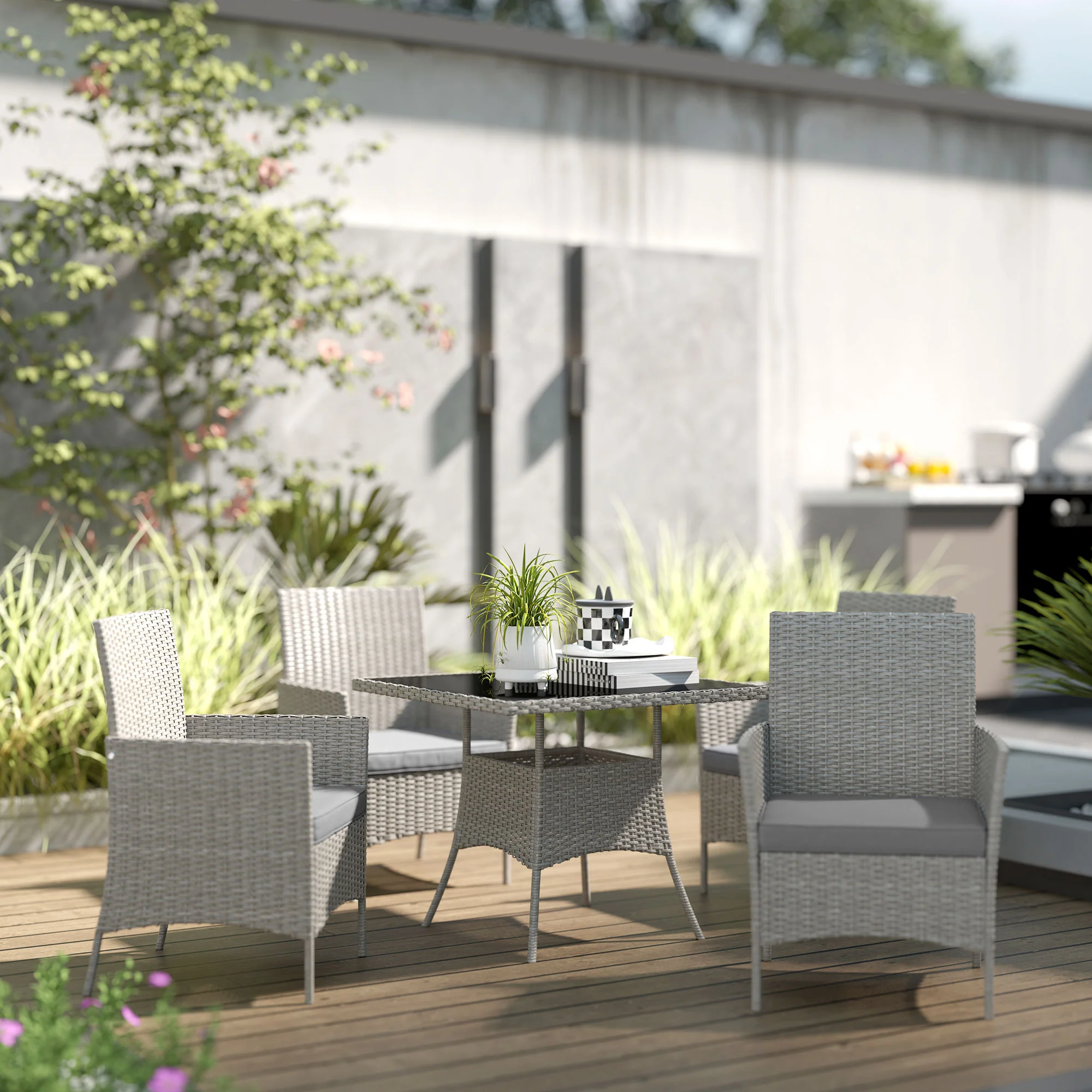 4 Seater Rattan Garden Dining Set with Cushions & Glass Tabletop, Light Grey - Image 11