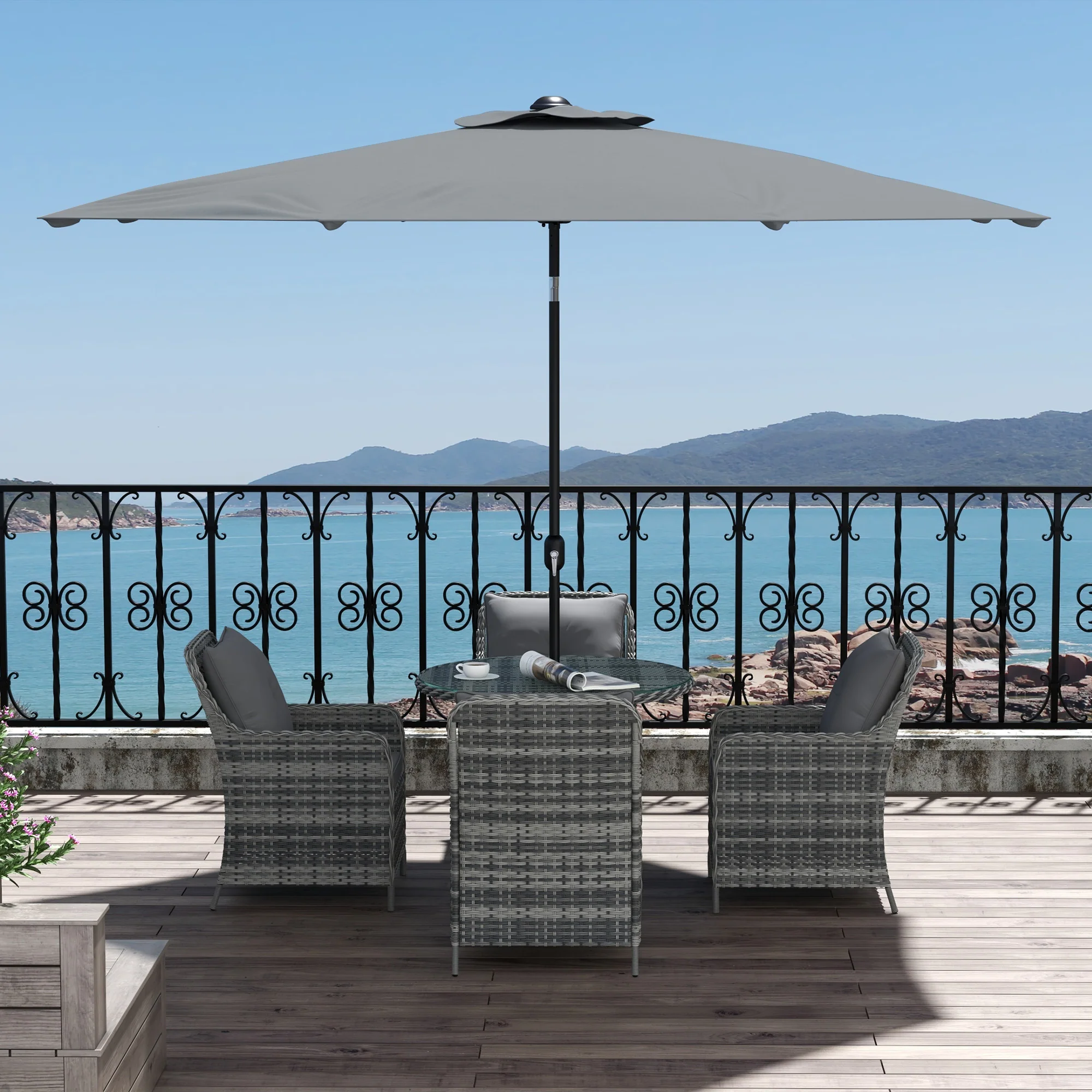 4 Seater Rattan Dining Set w/ Parasol, Seat & Back Cushions, Round Glass Tabletop, Mixed Grey - Image 9