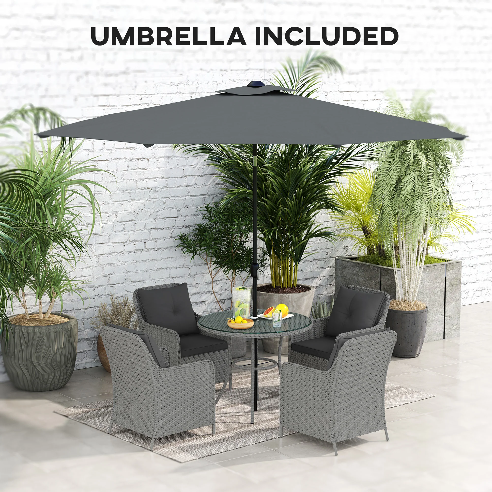4 Seater Rattan Dining Set w/ Parasol, Seat & Back Cushions, Round Glass Tabletop, Light Grey - Image 8