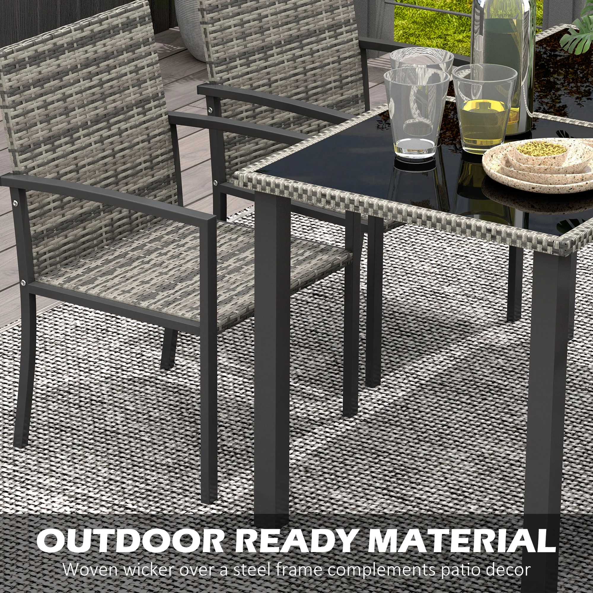 4 Seater Outdoor Rattan Dining Set with Rectangular Glass Tabletop & 4 Armchairs, Mixed Grey - Image 8