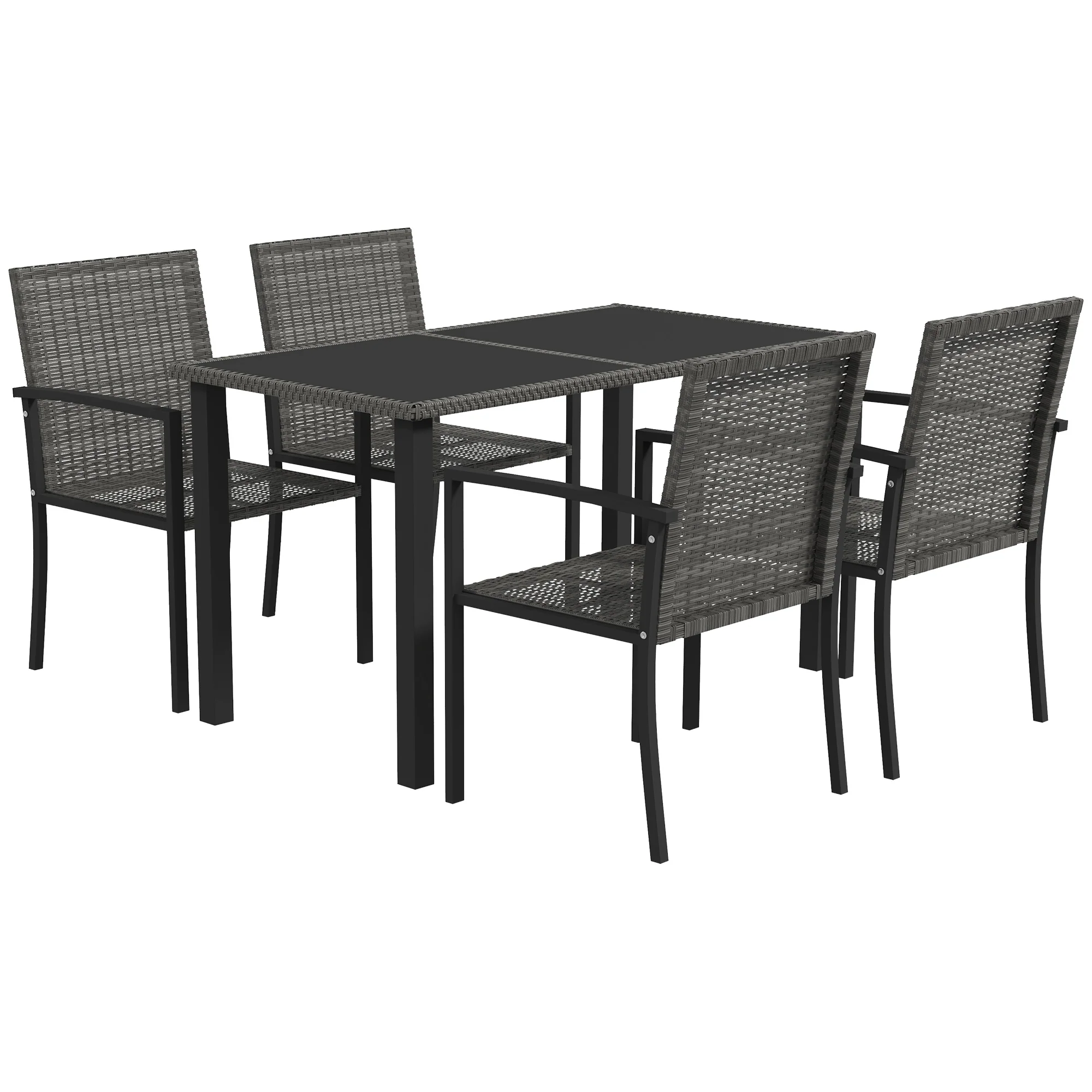 4 Seater Outdoor Rattan Dining Set with Rectangular Glass Tabletop & 4 Armchairs, Grey - Image 2