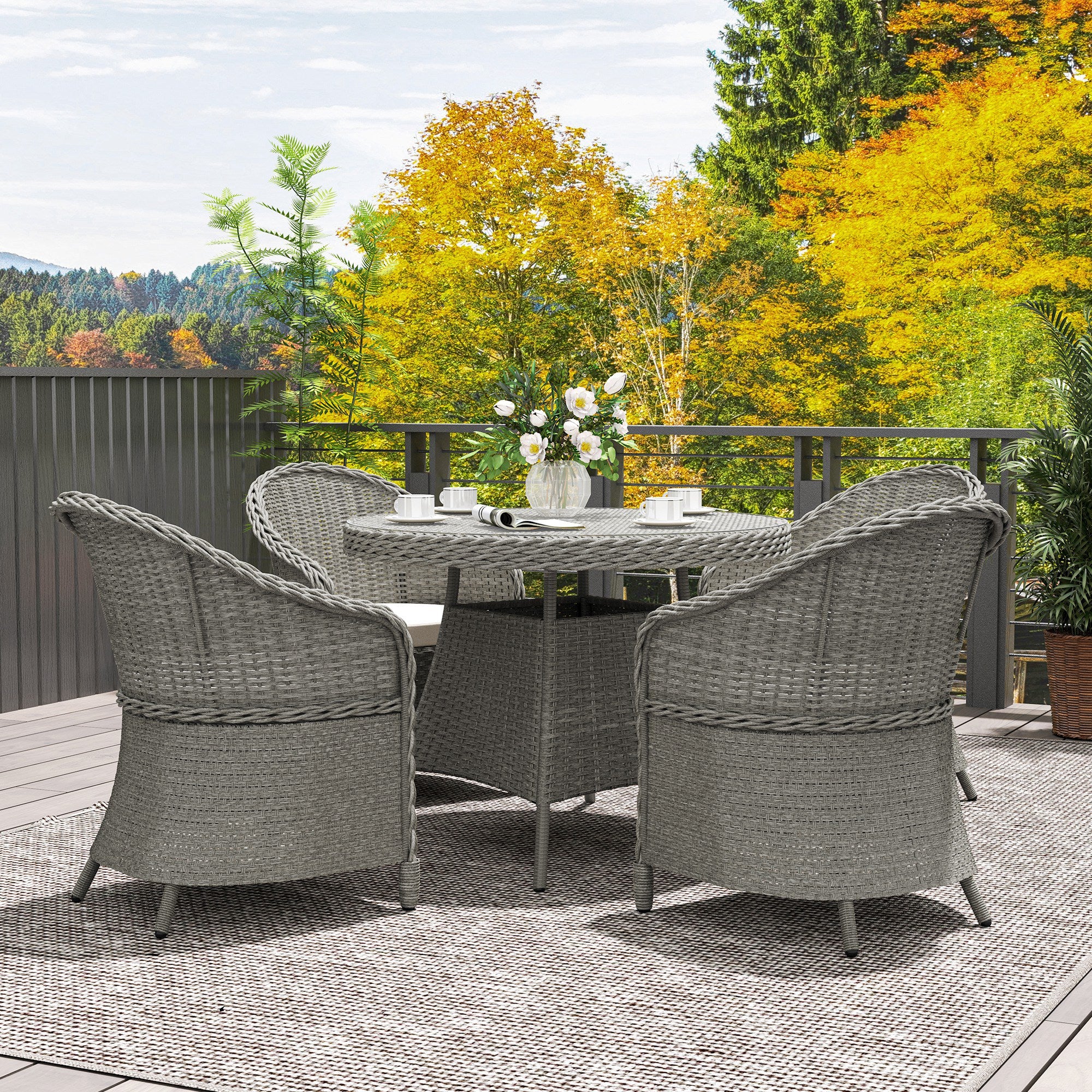 4 Seater Rattan Dining Set with Cushions, Parasol Hole & Round Glass Top Table, Grey - Image 10