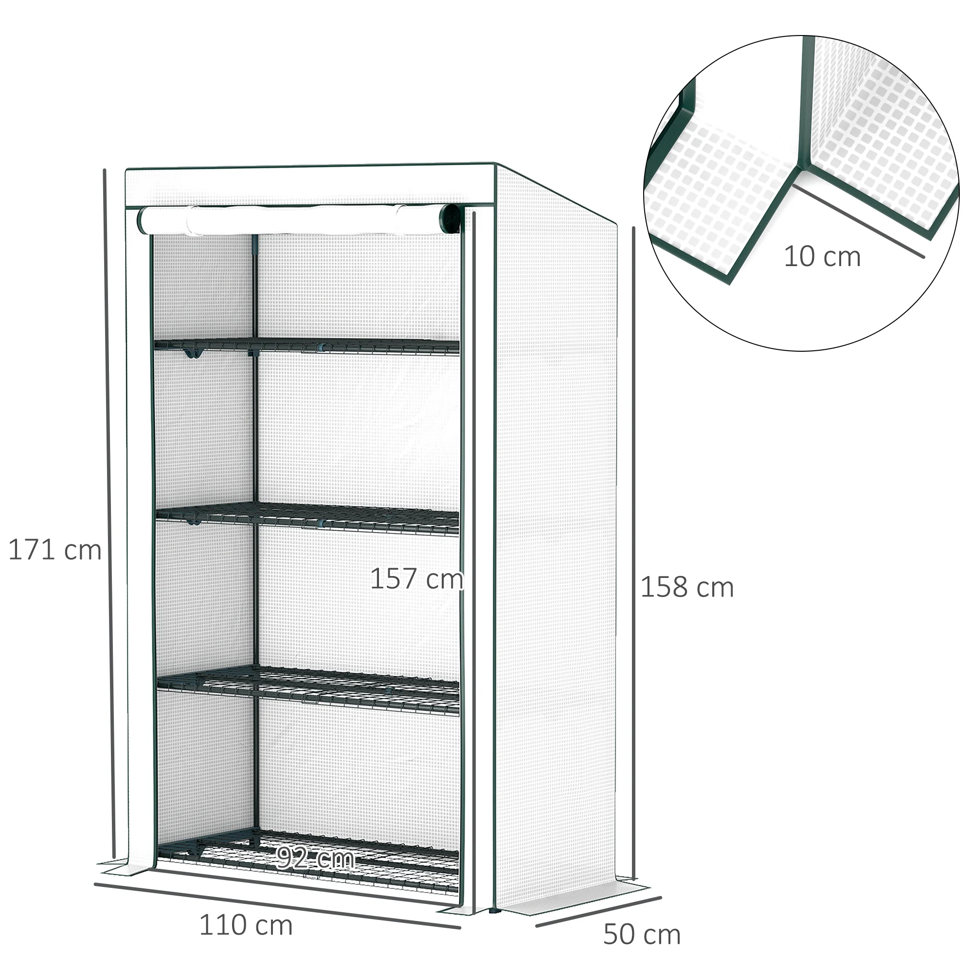 4 Tier Lean-to Mini Greenhouse w/ Reinforced PE Cover & Roll-Up Door, 110x 50x171cm, Green - Image 5