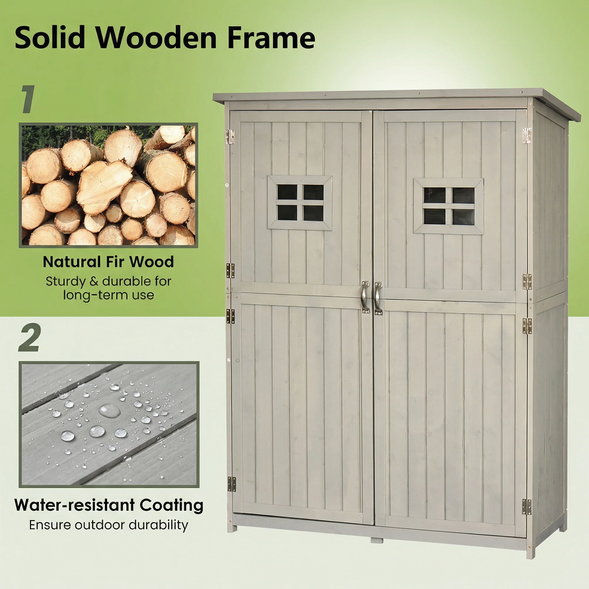4' x 1.5' Wooden Garden Shed with Two Windows & Double Door, Grey - Image 8