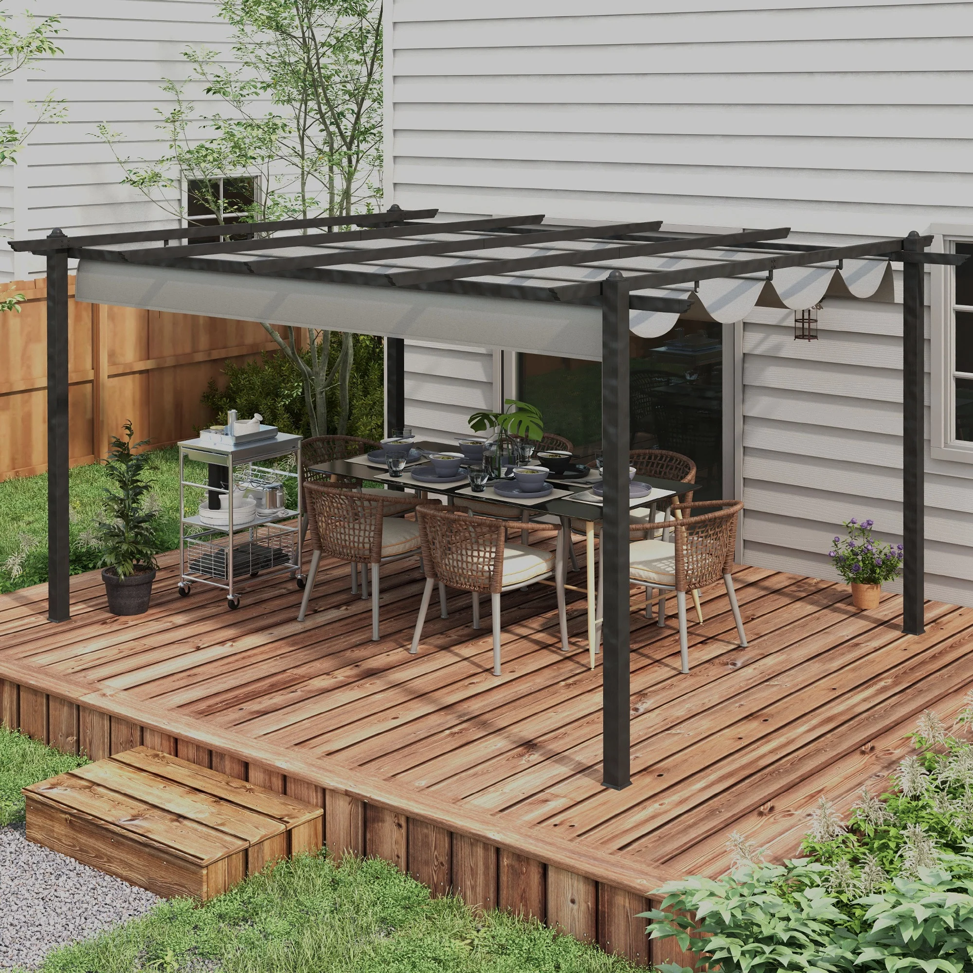 4 x 3m Aluminium Garden Pergola with Retractable Roof & Grommet Holes for Patio, Lawn, Grey - Image 11