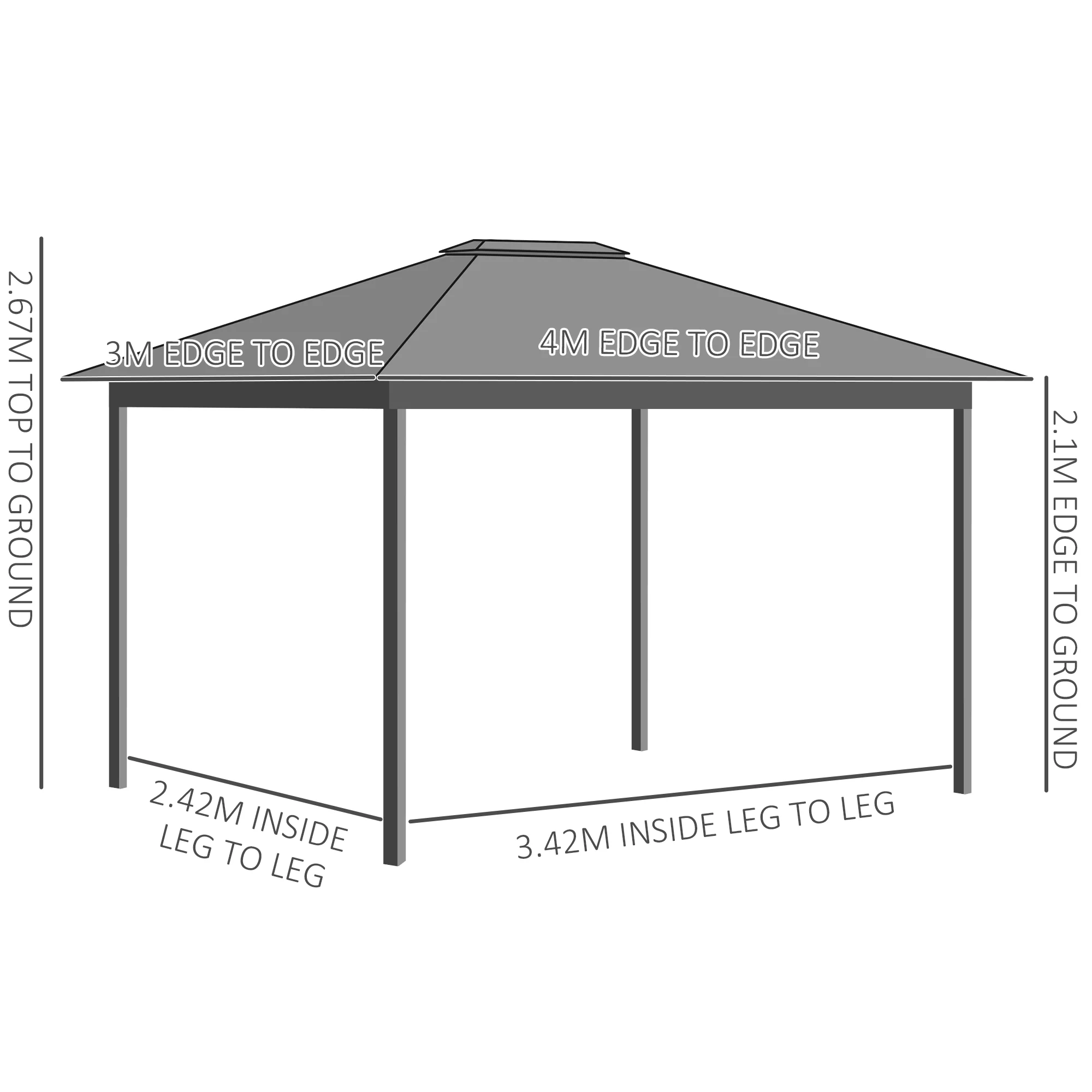 4 x 3m Aluminium Frame Patio Gazebo Canopy with Vented Roof, Netting & Curtains, Grey - Image 5