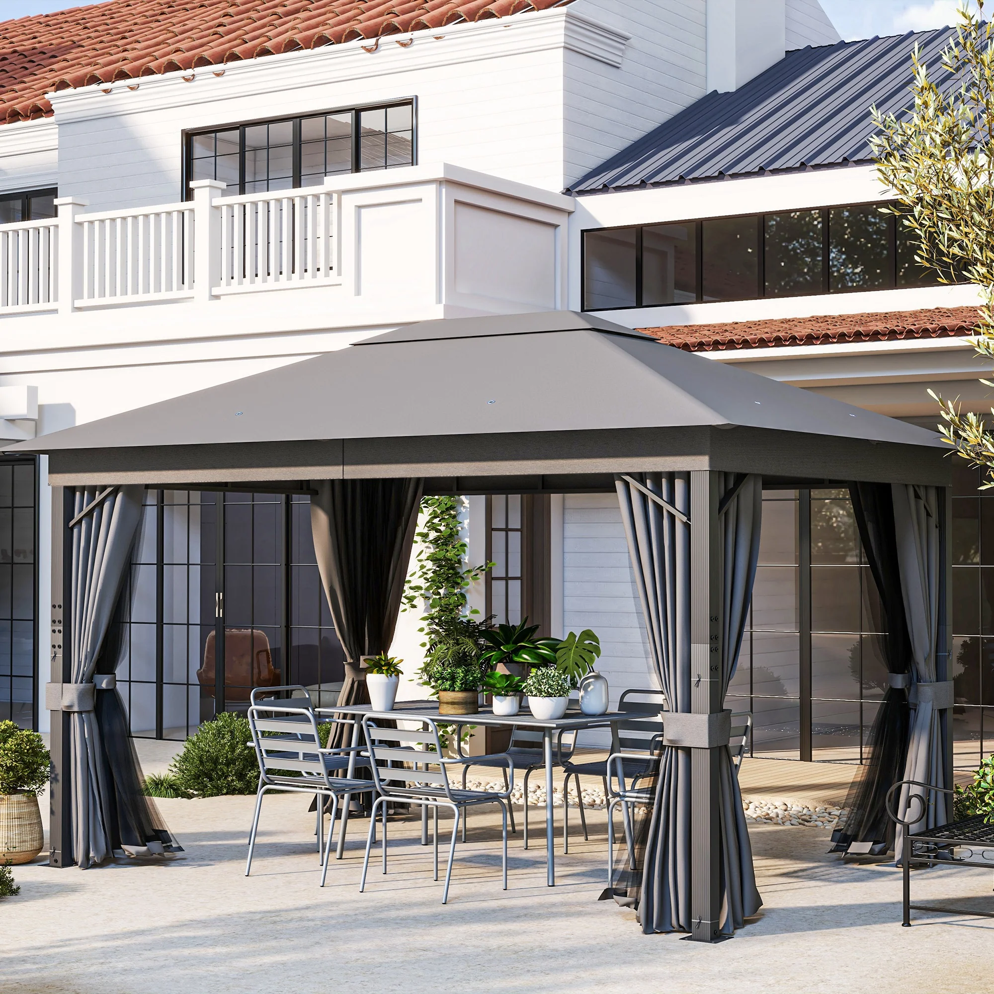 4 x 3m Aluminium Frame Patio Gazebo Canopy with Vented Roof, Netting & Curtains, Grey - Image 9
