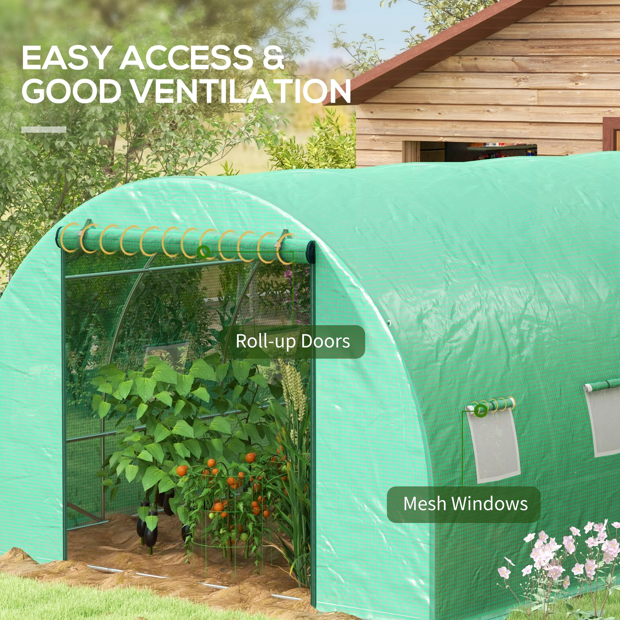 4 x 3m Polytunnel Greenhouse with Sprinkler Irrigation System, Wide Roll-up Door & 8 Mesh Windows, Green - Image 8