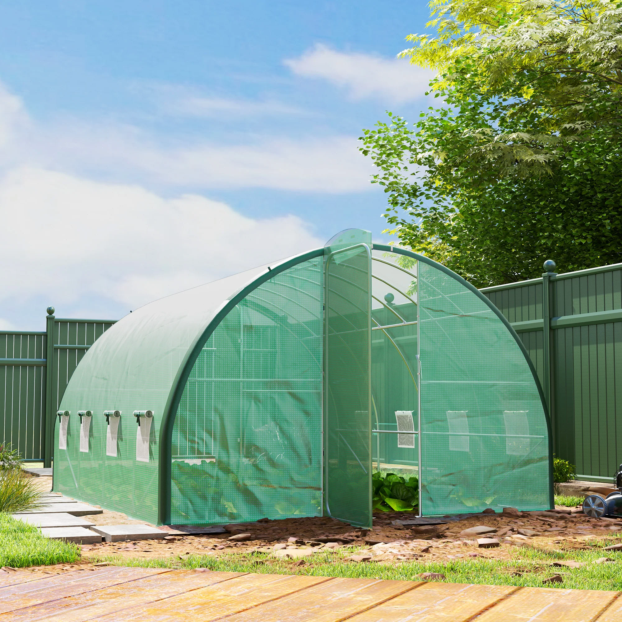 4 x 3m Walk-in Polytunnel Greenhouse with 2 Hinged Doors & 8 Mesh Windows, Green - Image 4