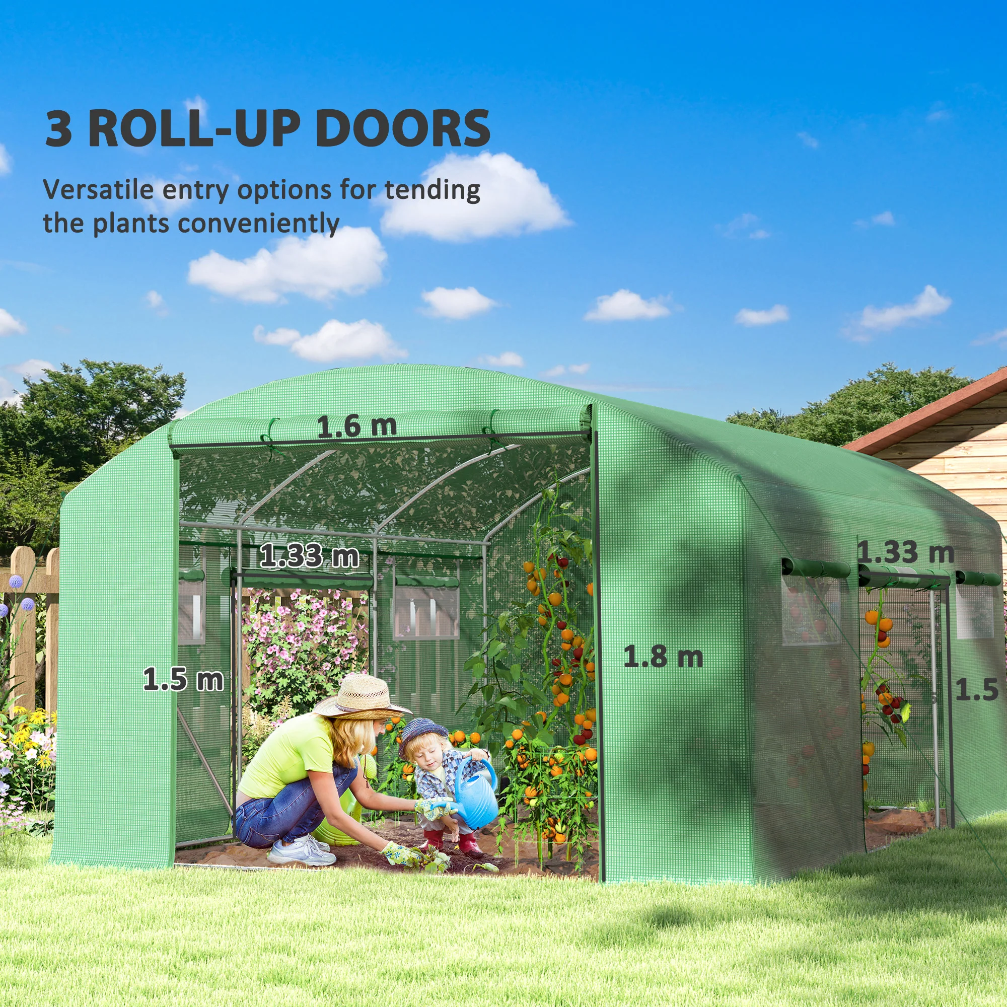 4 x 3 x 2m Polytunnel Greenhouse with 3 Roll-up Doors, Mesh Windows & Anti-UV PE Cover, Green - Image 6