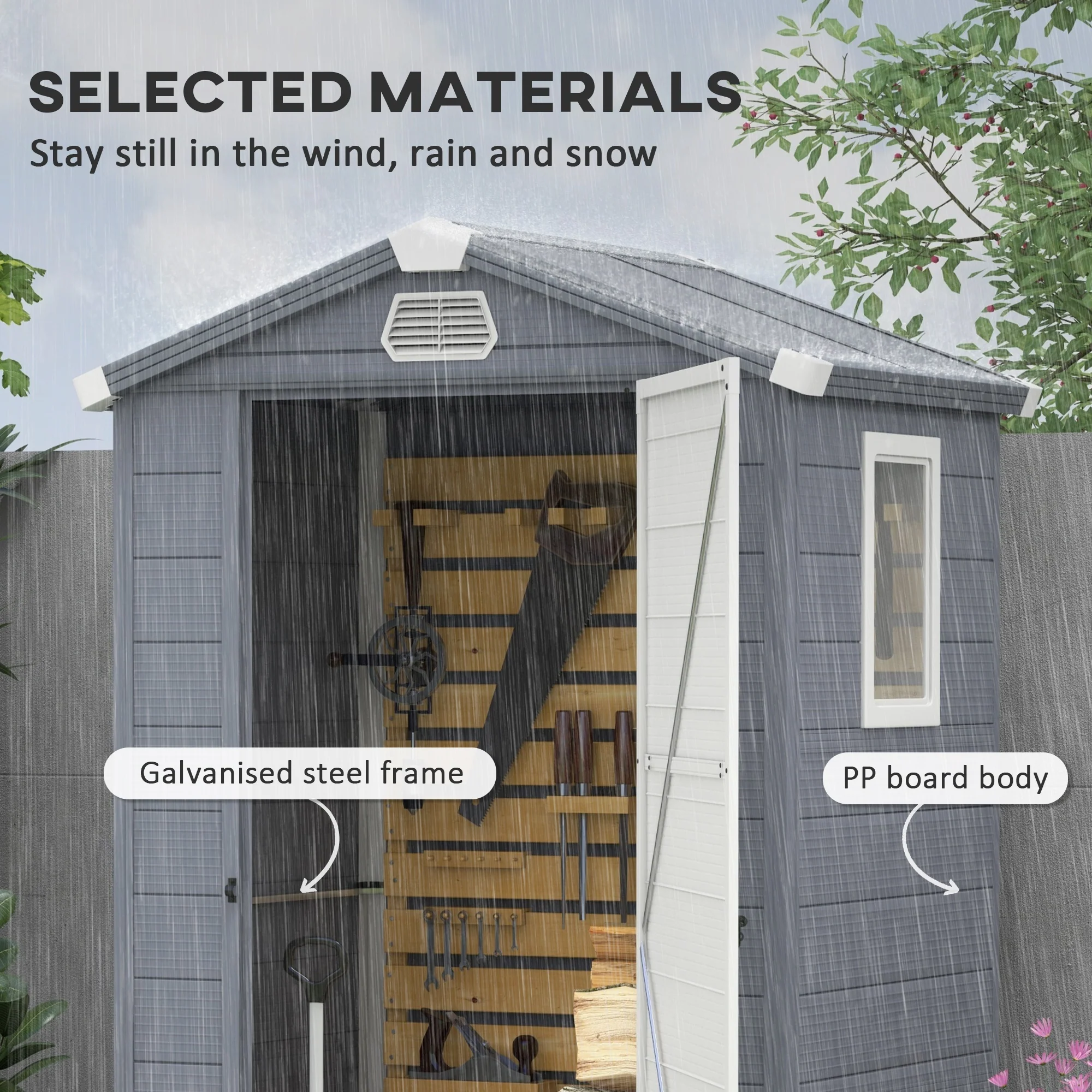 4 x 3ft Plastic Garden Storage Shed w/ Foundation Kit, Ventilation Slots & Lockable Door, Grey - Image 6