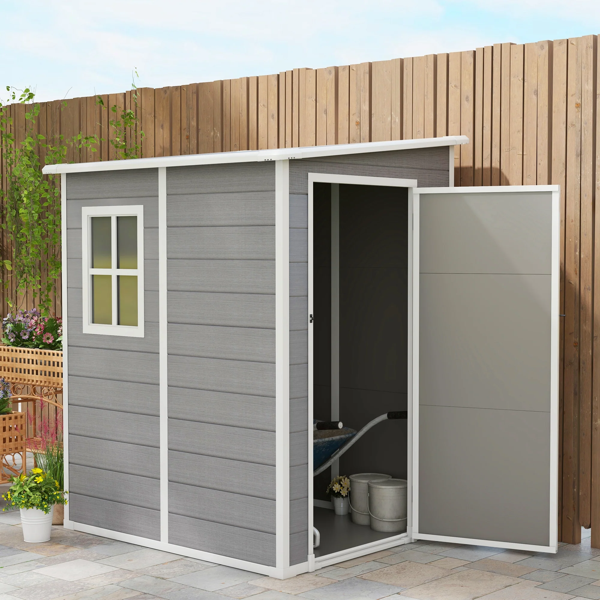 4 x 5FT Lean to Plastic Garden Shed w/ Lockable Doors, Window, Vent and Plastic Roof, Grey - Image 3