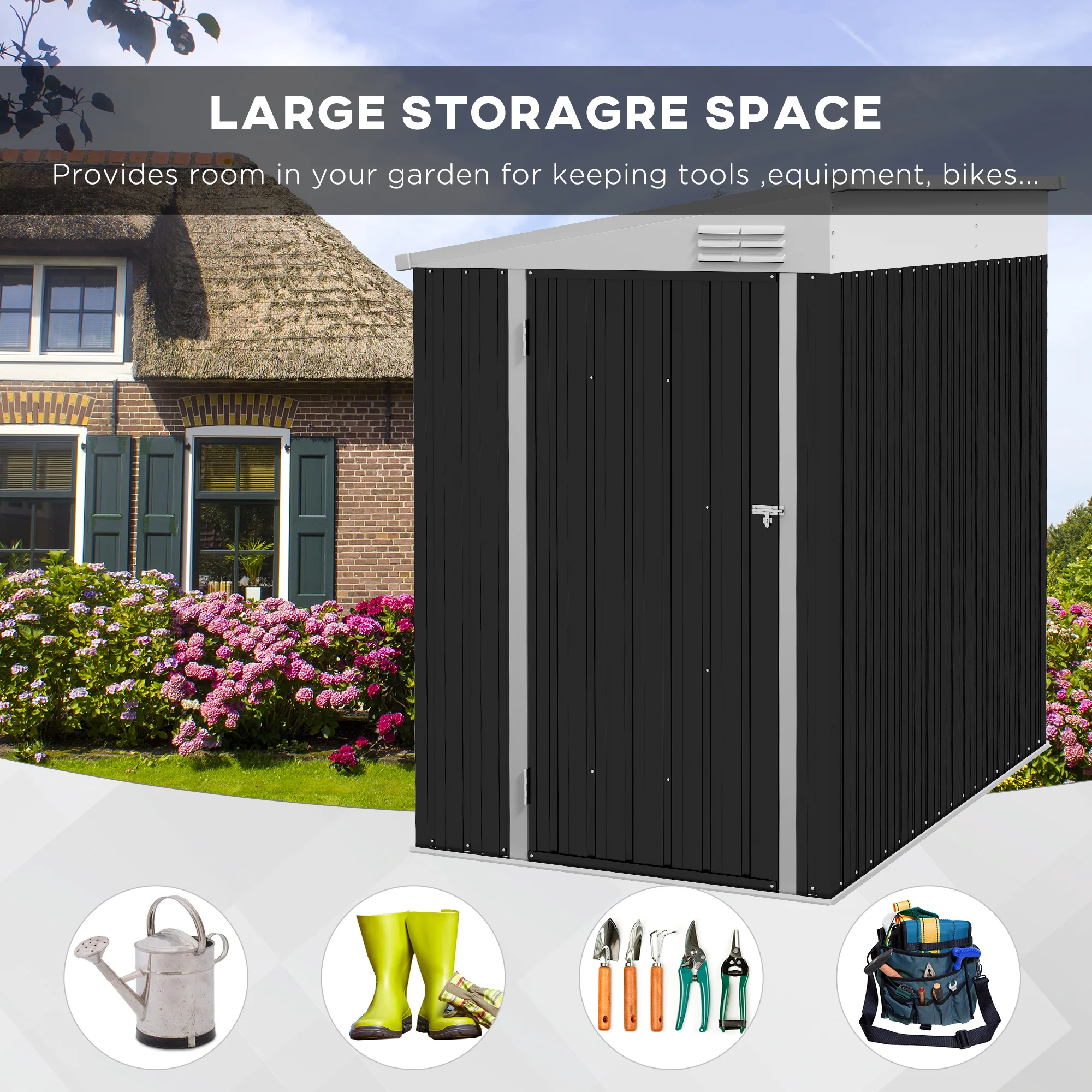4' x 6' Steel Garden Storage Shed Lean to Shed Outdoor Metal Tool House with Lockable Door and 2 Air Vents for Backyard, Patio, Lawn, Dark Grey - Image 6