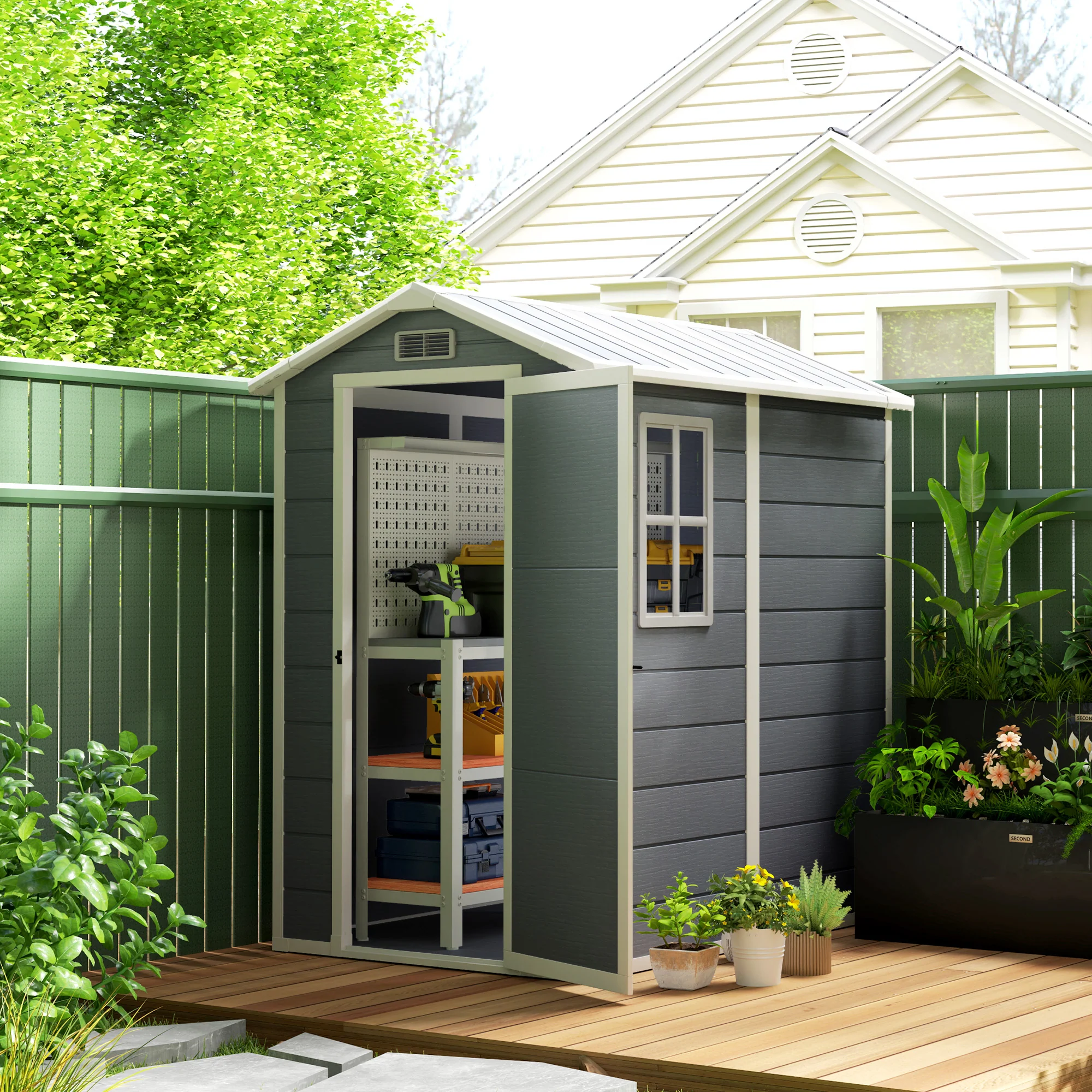 4 x 6ft Plastic Tool Shed with Floor, Window, Vents & Lockable Door for Garden, Patio, Grey - Image 4